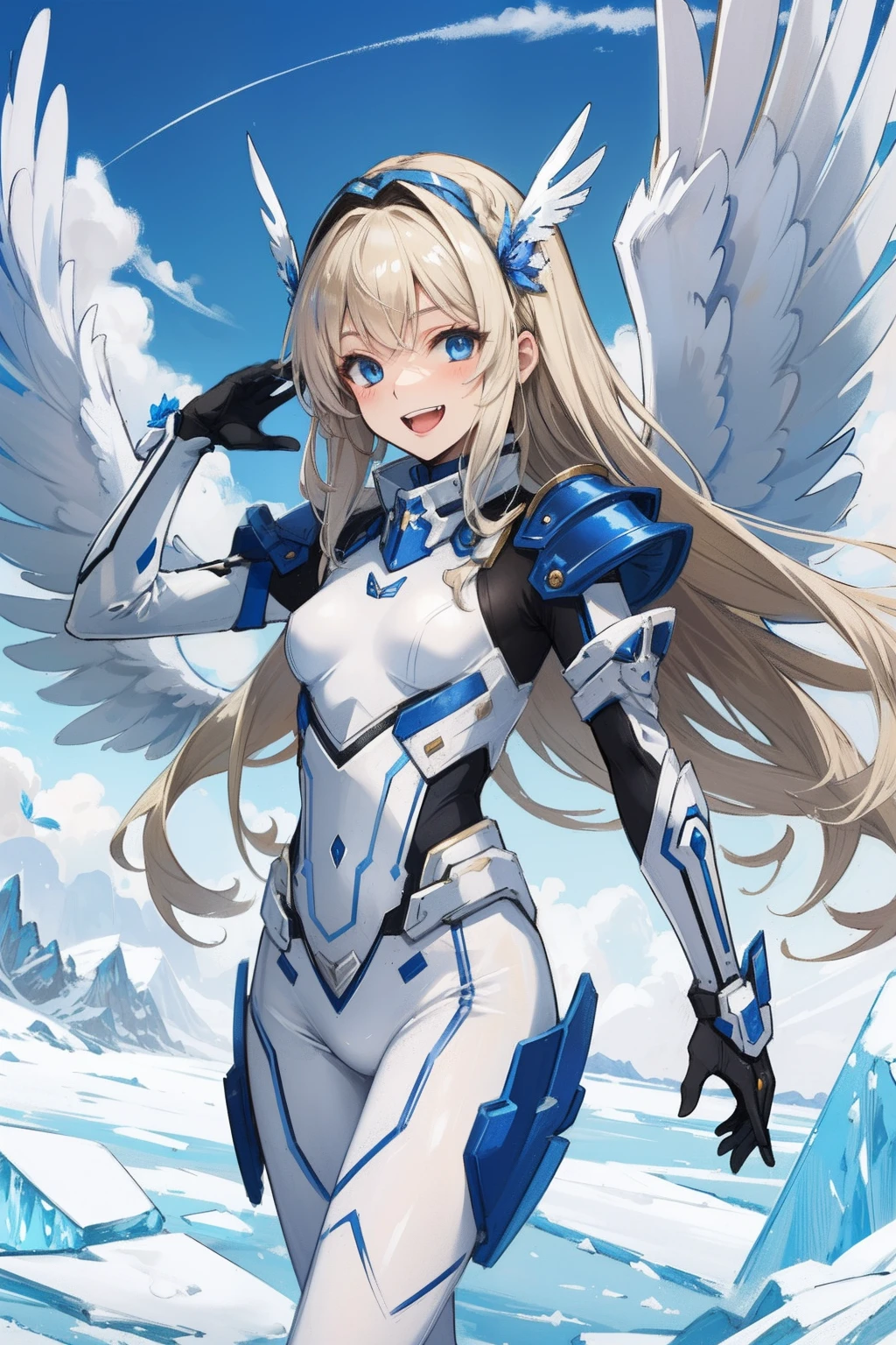 (​master piece, Best Quality),  Intricate details, valkyrie, kawaii, Happy, (((Laugh))), Villainous smile, Hand up, Looking at Viewer, Feather Headgear, Flower meadow, (((flat breast)))
1 girl in, Solo, Portrait, Plutinum Blonde Hair, drooping iceblue eyes, Silver Single Thigh, White Independent Single Sleeve, iceblue gloves, Single braid, 
 mecha musume, White bodysuit, Silver Reinforced Suit, Mini Feather Wings, iceblue pantyhose, full armor, flower decoration, equip sword,