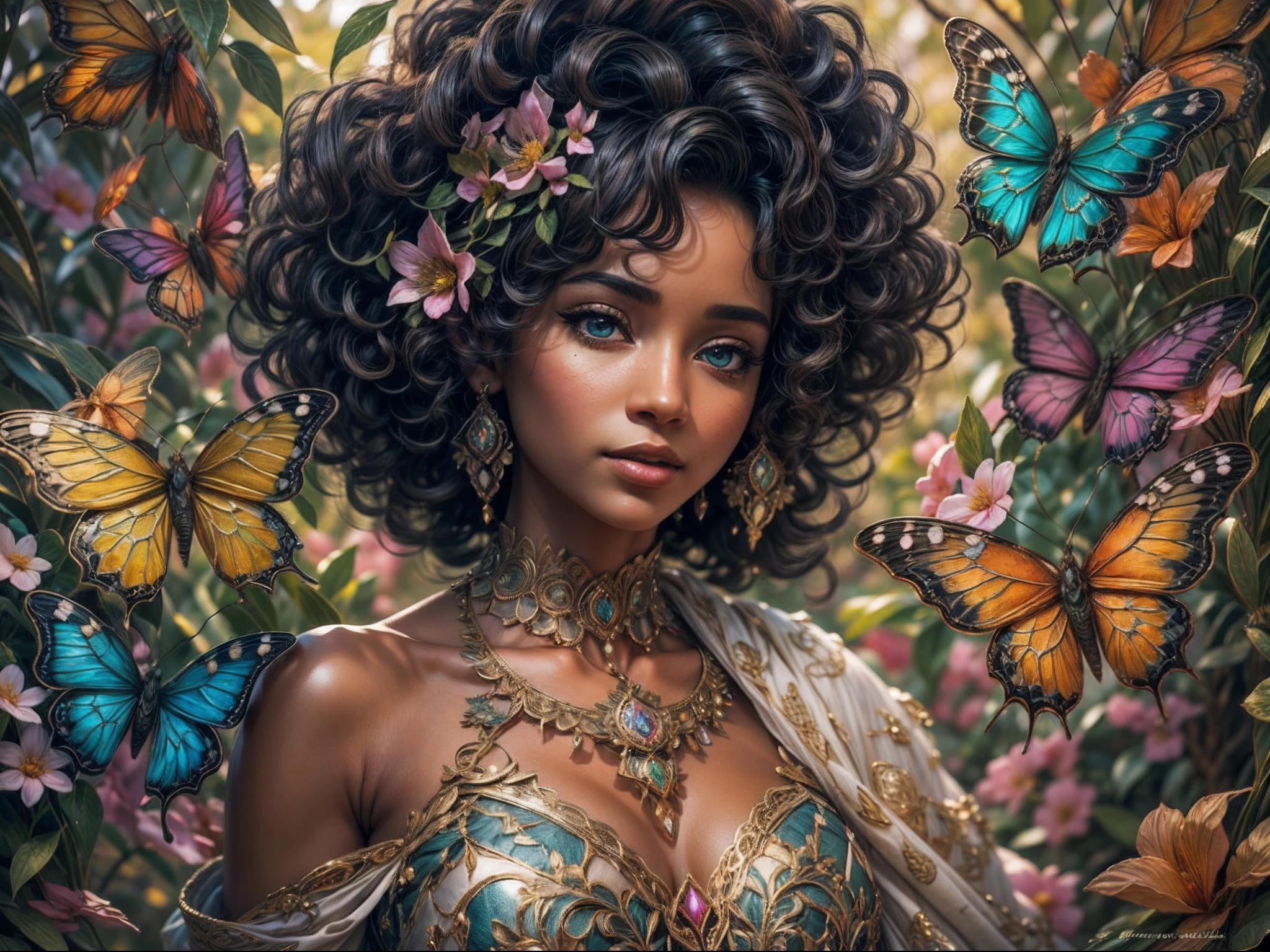 This is an elegant and ornate fantasy masterpiece with a lot of shimmer, glitter, and intricate ornate detail. Generate a petite Jamaican woman resting on a gilded and flowered garden swing at night. Her eyes are ultra-detailed with intricate realistic shading and bold, bright hues. She is a beautiful and seductive erfly queen with stunning curly black hair, (((incredibly realistic and detailed dynamic eyes in bright colors with realistic shading))). ((((Her eyes are critically important and are high resolution and extremely detailed and shaded.)))) She wears a delicate and elegant crown and a gown spun from luxurious gosssilk and satin with subtle, intricate, and hand-embroidered bodice detailing as well as subtle floral detailing and gold silk butterflyeves. Her face is lovely and lonely. Incluw-in-the-dark flowers, lots of particles, highly realistic fantasy butterflies with trucent jewel-toned wings and fine detailing, and glow. The artwork is done in the style of Guviz and brings to mind masters in the genre such as trending fantasy works on Artstation and Midjourney. Camera: Utilize dynamic composition techniques to emphasize etherealness and delicate detail. The colors in this artwork are saturated, romantic, and rich. ((Official cinematic artwork.))