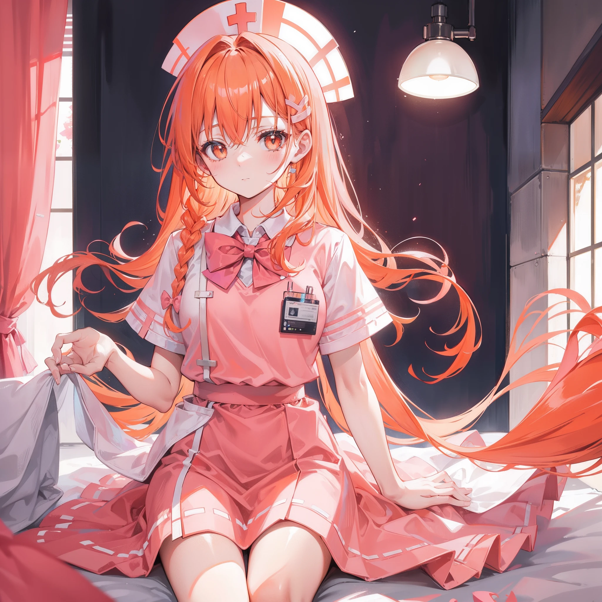 Long light orange hair，Pink bow，Fairy braids，Nurse's uniform
