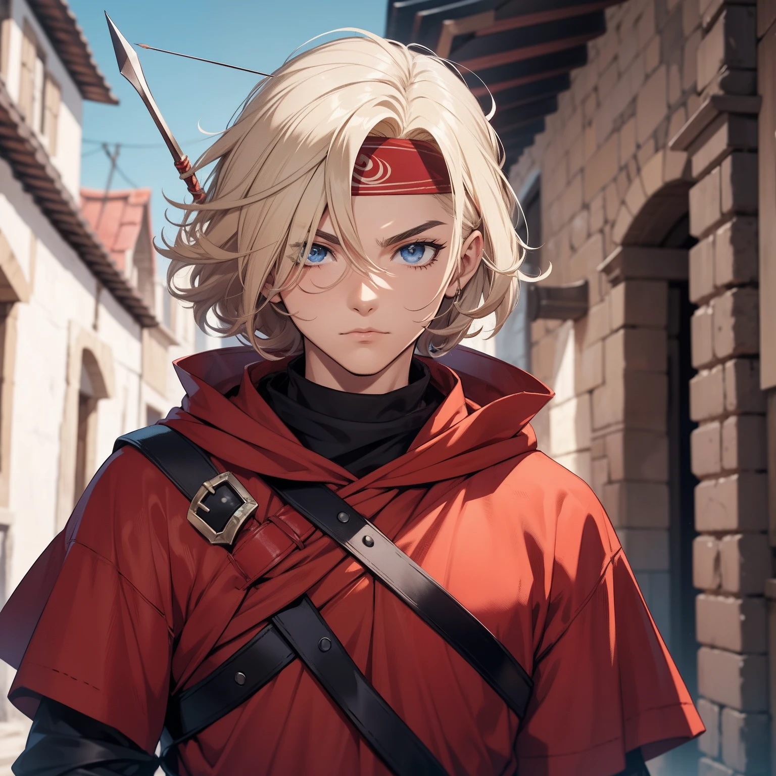 estilo anime antigo, melhor qualidade, estilo RPG, garoto anime, 1 menino, jovem, masculino, blonde hair, cabelo loiro longo solto, franja dividida na frente, olhos vermelhos, olhos extremamente detalhados vermelhos, face masculina, rosto arredondado, bandana, bandana vermelha por debaixo dos cabelos, roupa medieval vermelha com detalhes em azel, arqueiro, bow and arrow in the hands, RPG, medieval