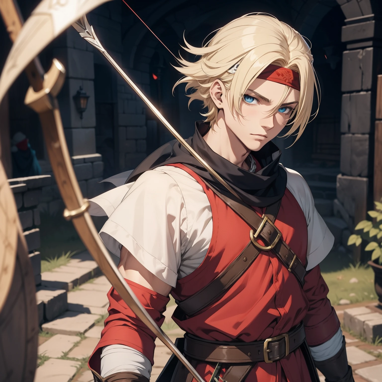 estilo anime antigo, melhor qualidade, estilo RPG, garoto anime, 1 menino, jovem, masculino, blonde hair, cabelo loiro longo solto, franja dividida na frente, olhos vermelhos, olhos extremamente detalhados vermelhos, face masculina, rosto arredondado, bandana, bandana vermelha por debaixo dos cabelos, roupa medieval vermelha com detalhes em azel, arqueiro, bow and arrow in the hands, RPG, medieval