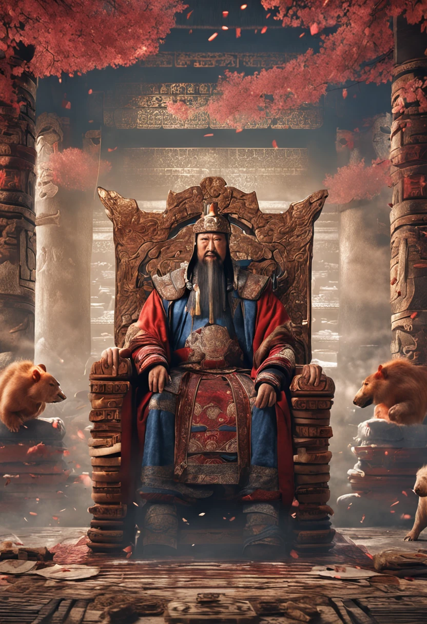 Imagem de um homem em uma coroa sentado em uma mesa com outras pessoas, uma imagem inspirada em Wu Bin, trend in cg society, Dau-al-Set, from three kingdoms, chinese three kingdoms, Foto de Genghis Khan, ainda de um filme de fantasia, Gengis Khan, mongol, three kingdoms, history drama, three kingdom