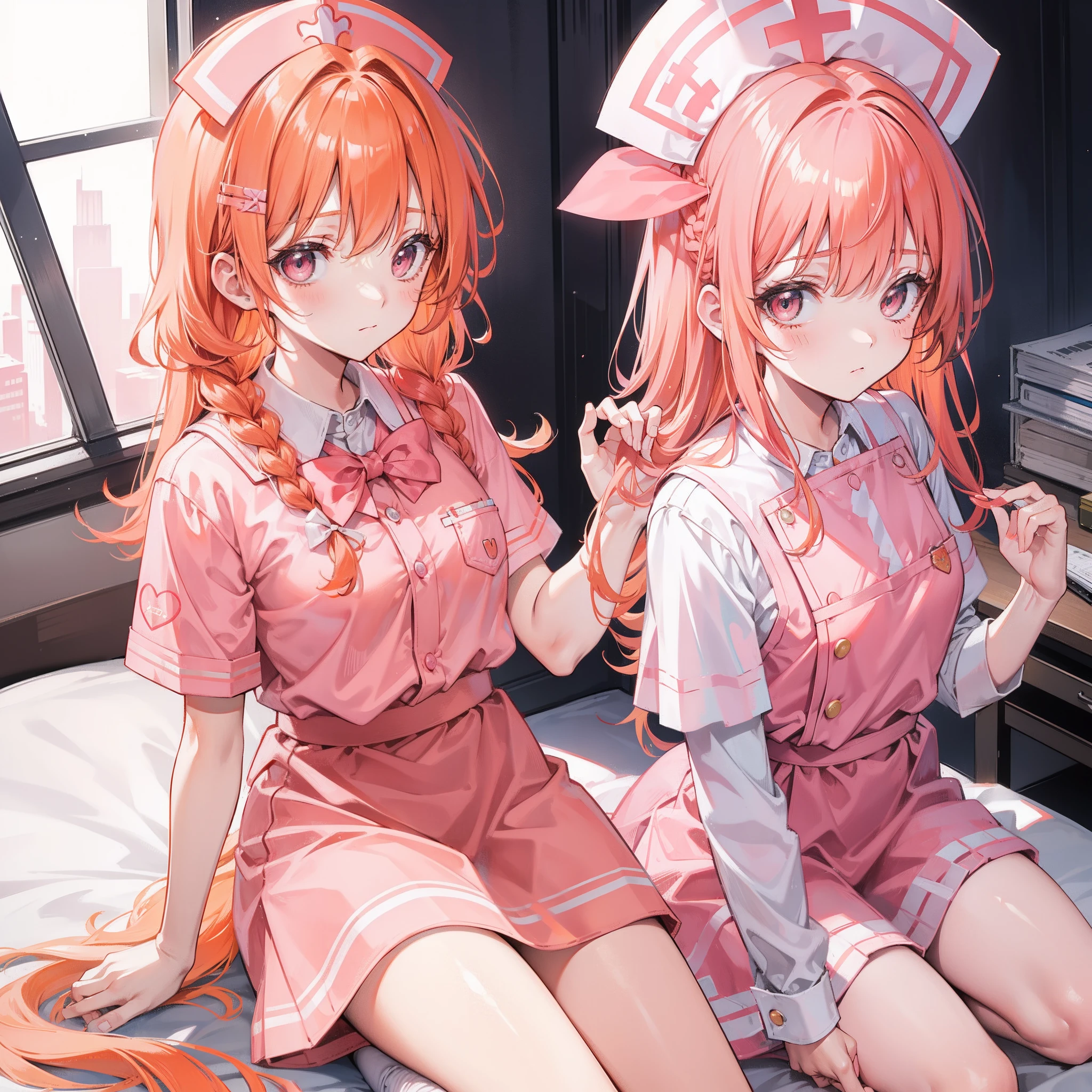 Long light orange hair，Pink bow，Fairy braids，Nurse's uniform