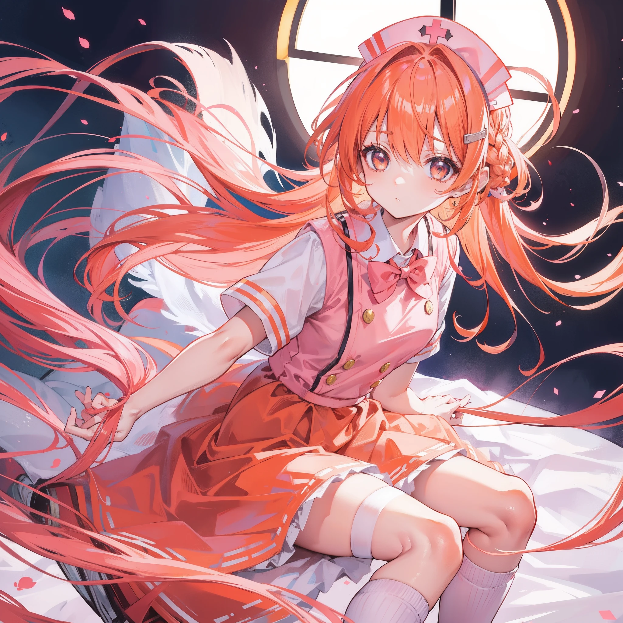 Long light orange hair，Pink bow，Fairy braids，Nurse's uniform