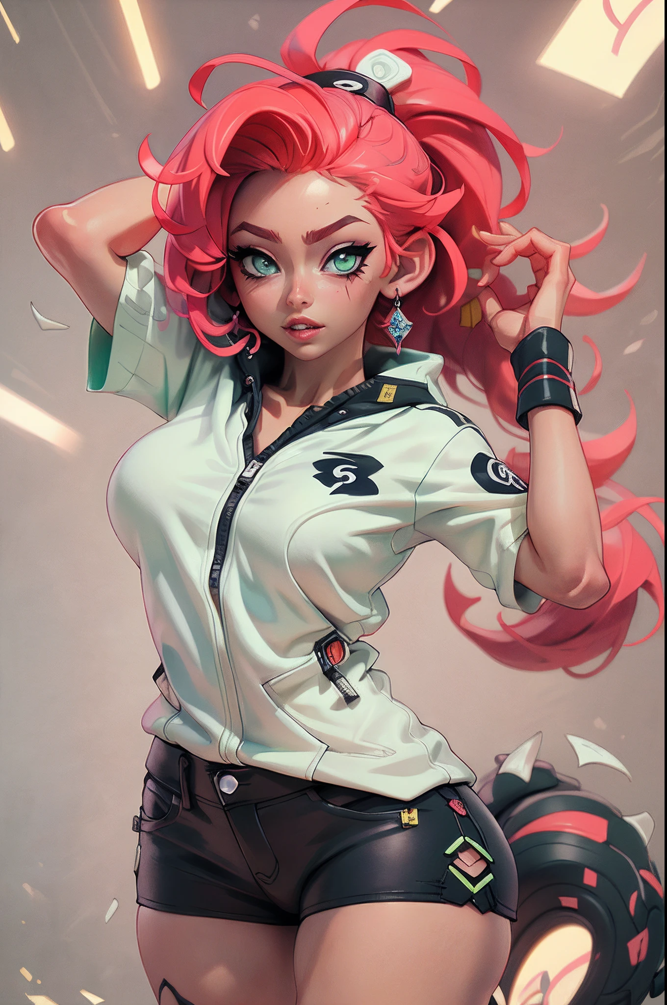 ((Best quality)), ((Masterpiece)), ((Realstic)) and ultra-detailed pchaudography, Tsuande, Pretty Girl Tsunade de Naruto, Jolie fille, cheveux jaune clair, parti, neon light. Elle a ((cheveux blanc)), porte un (Top Tech-Wear) et un (corde noire, motif rouge:1.2) , ((beautiful and aesthetic)), sexy, gros seins, chaud, grosse poitrine, eigaka e6