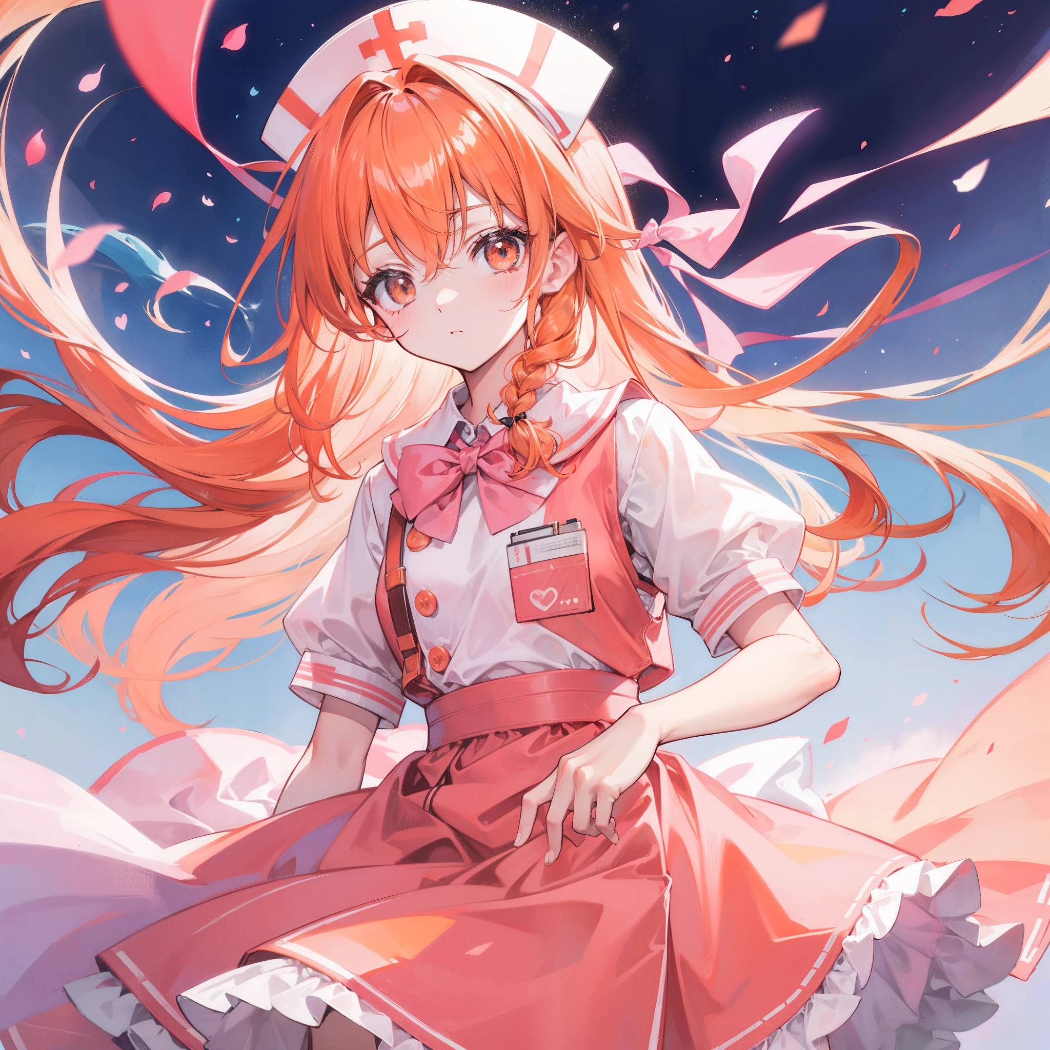 Long light orange hair，Pink bow，Fairy braids，Nurse's uniform