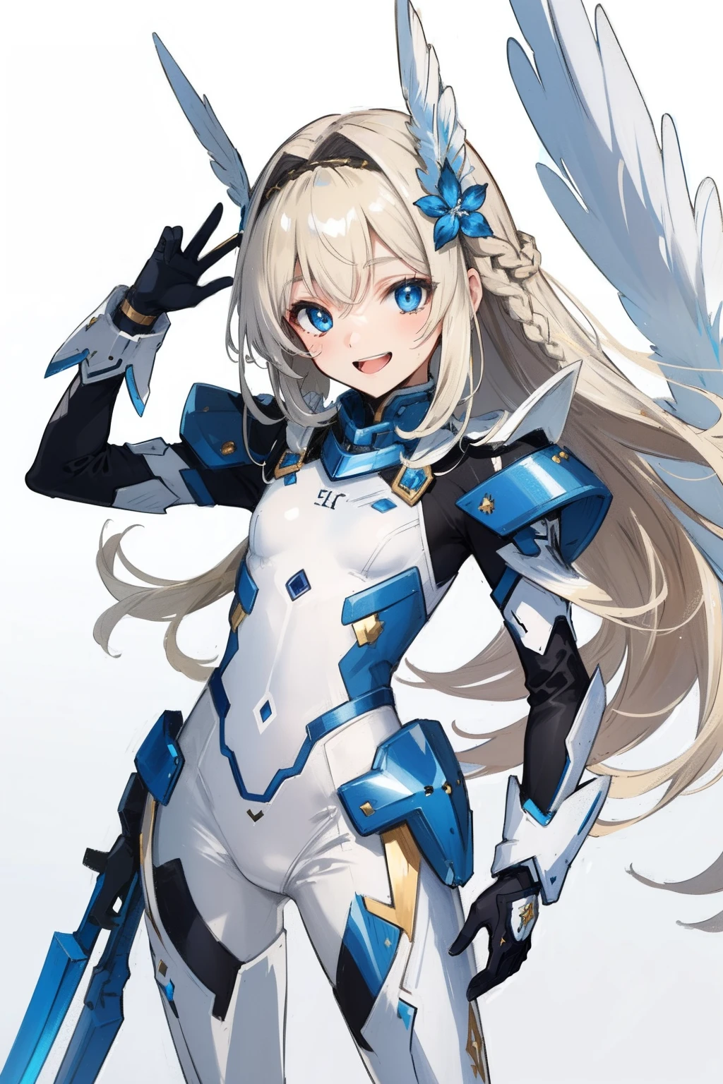 (​master piece, Best Quality),  Intricate details, valkyrie, kawaii, Happy, (((Laugh))), Villainous smile, Hand up, Looking at Viewer, Feather Headgear, Flower meadow, (((flat breast)))
1 girl in, Solo, Portrait, Plutinum Blonde Hair, drooping iceblue eyes, Silver Single Thigh, White Independent Single Sleeve, iceblue gloves, Single braid, 
 mecha musume, White bodysuit, Silver Reinforced Suit, Mini Feather Wings, iceblue pantyhose, full armor, flower decoration, equip sword,