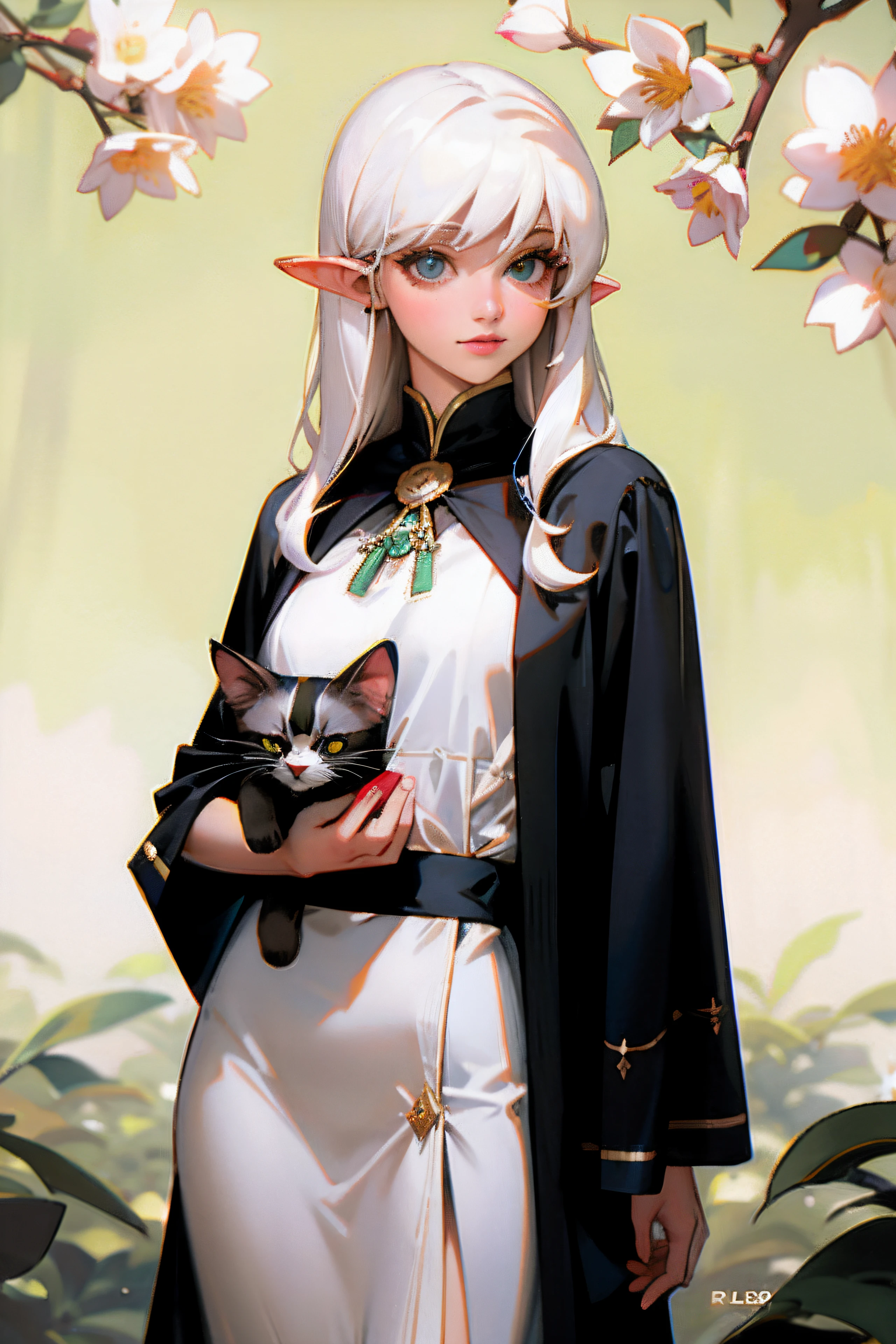 1 elfa, piel verde, cabello blanco, rubor, traje blanco, boca cerrada, vestido blanco, coffee cover, ojos amarillos, cabello largo, mirando al espectador, orejas puntiagudas, fondo flores, Tree Background Only, parte superior del cuerpo, realistic, cabello suelto, con un gato en el hombro