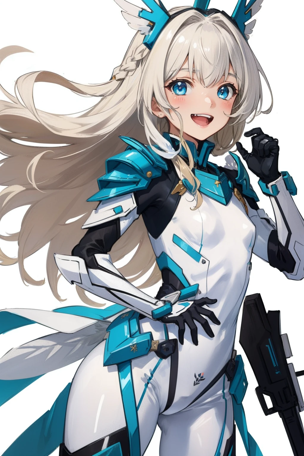 (master piece, Best Quality), Intricate details, valkyrie, kawaii, Happy, (((Laugh))), Villainous smile, Hand up, Looking at Viewer, Feather Headgear, Flower meadow, (((flat breast)))
1 girl in, Solo, Portrait, Plutinum Blonde Hair, drooping iceblue eyes, Silver Single Thigh, White Independent Single Sleeve, iceblue gloves, Single braid,
mecha musume, White bodysuit, Silver Reinforced Suit, Mini Feather Wings, iceblue pantyhose, full armor, flower decoration, equip sword,