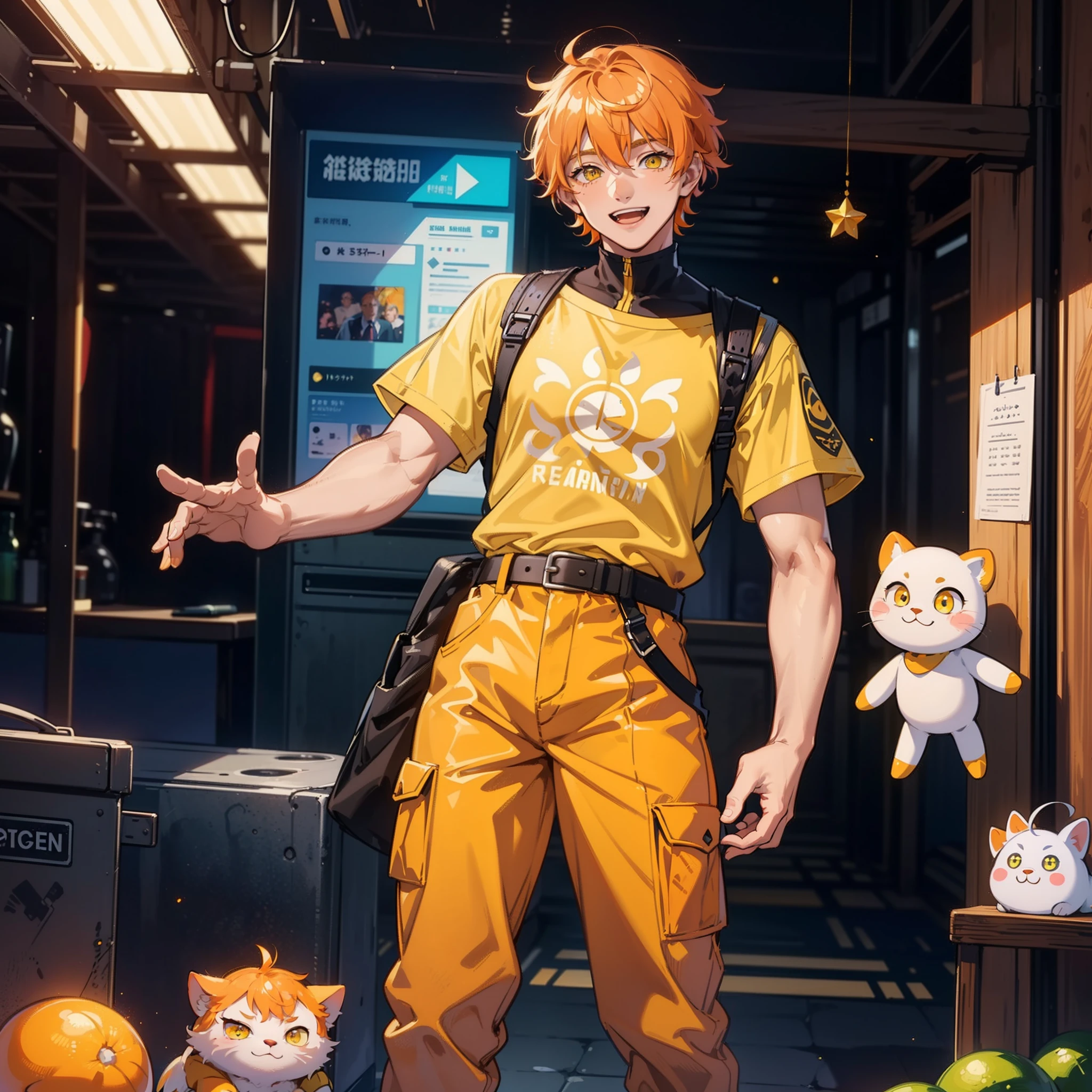 1MAN,op-quality:1.4、8K Super Detail CG Wallpapers)、(cute man,yellow eyes and short orange shiny thick hair,yellow strands:1.2),lime green T-shirt,maroon pants,modern metropolis in background,rainbow robots,pixie dust,masterpeace,happy face,happy smile,standing.