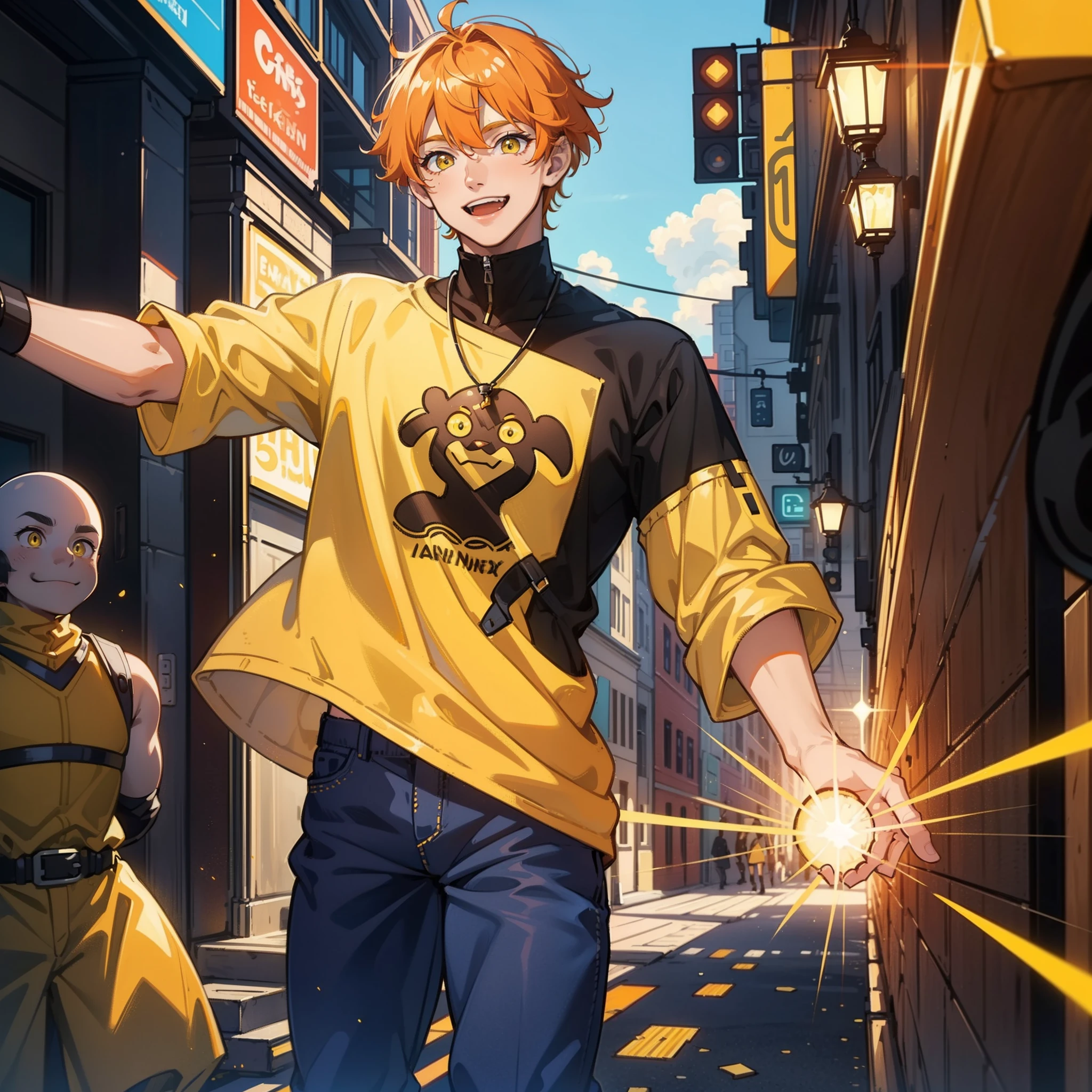 1MAN,op-quality:1.4、8K Super Detail CG Wallpapers)、(cute man,yellow eyes and short orange shiny thick hair,yellow strands:1.2),lime green T-shirt,maroon pants,modern metropolis in background,rainbow robots,pixie dust,masterpeace,happy face,happy smile,standing.