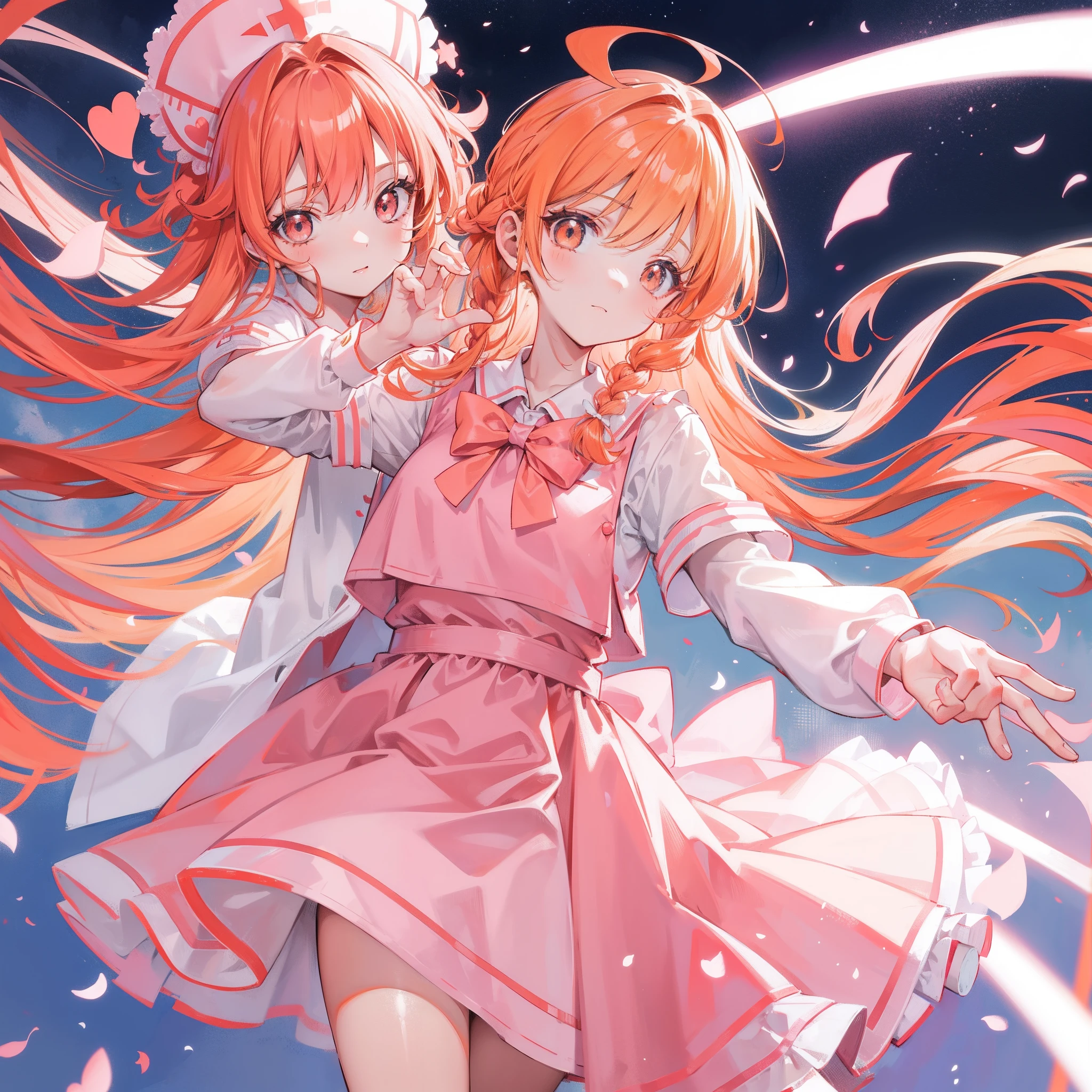 Long light orange hair，Pink bow，Fairy braids，Nurse's uniform