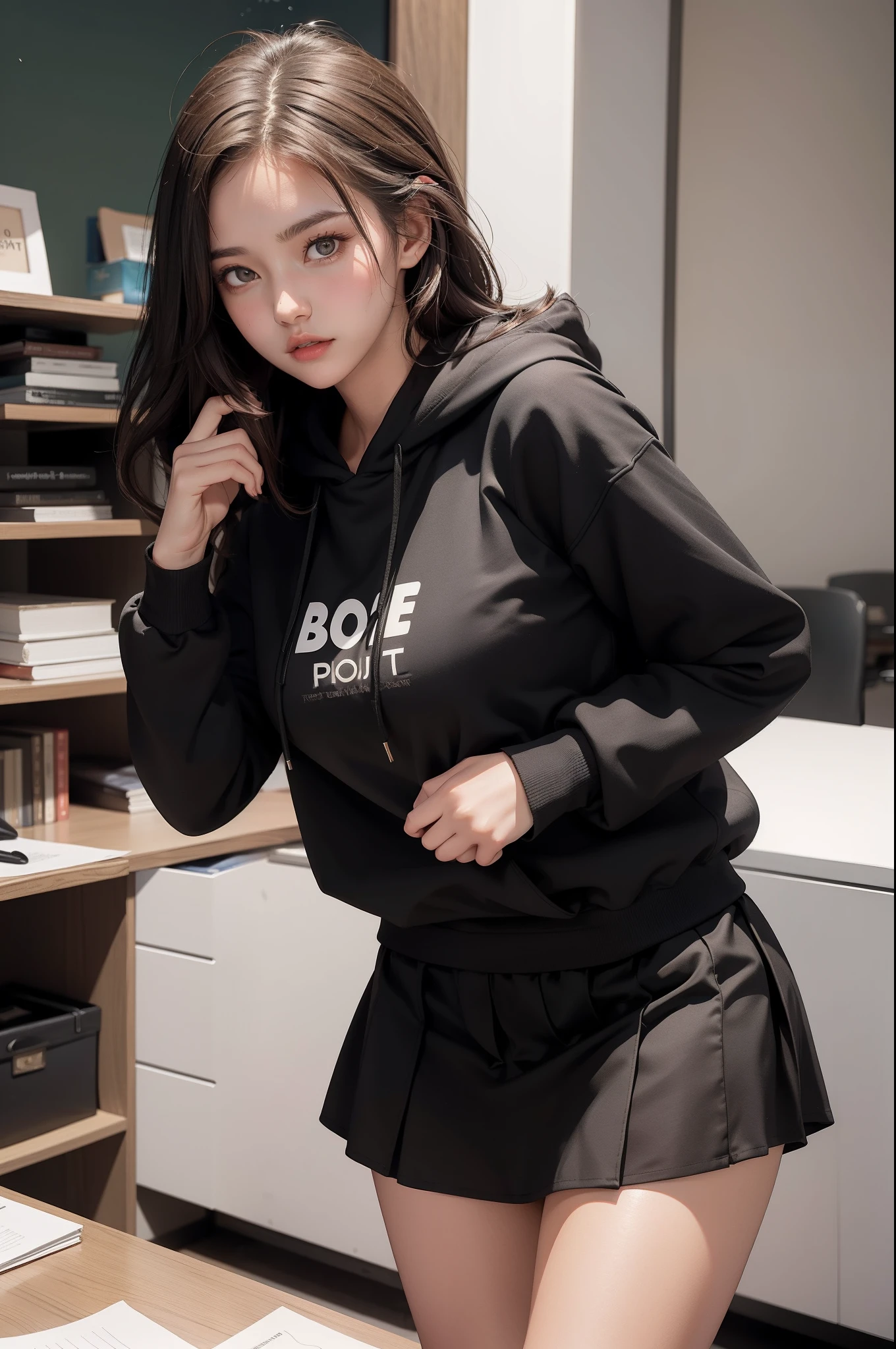 A girl standing beside by the class and holding books, she is wearing a black hoodie and white skirt, brown hair, beautiful & sexy and perfect body figure and no exposing and make it sweet spot visible