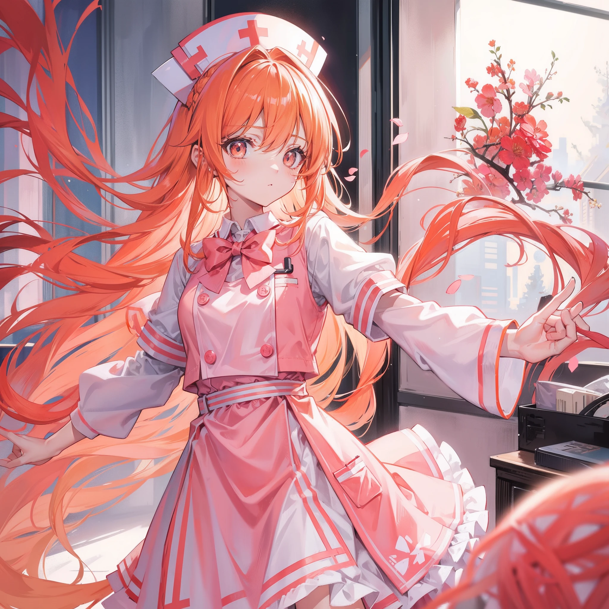 Long light orange hair,Pink bow,Fairy braids,Nurse's uniform