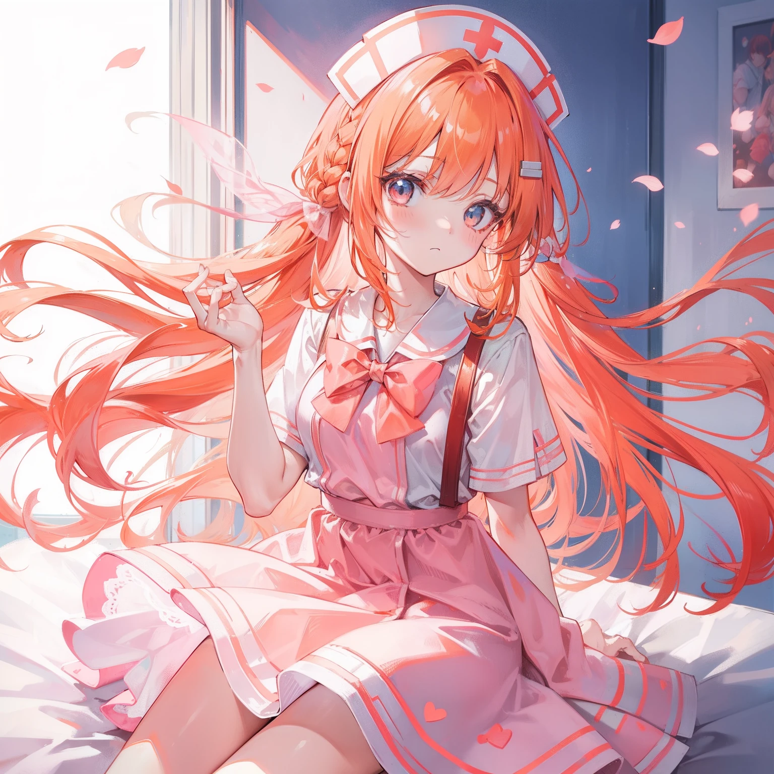 Long light orange hair,Pink bow,Fairy braids,Nurse's uniform