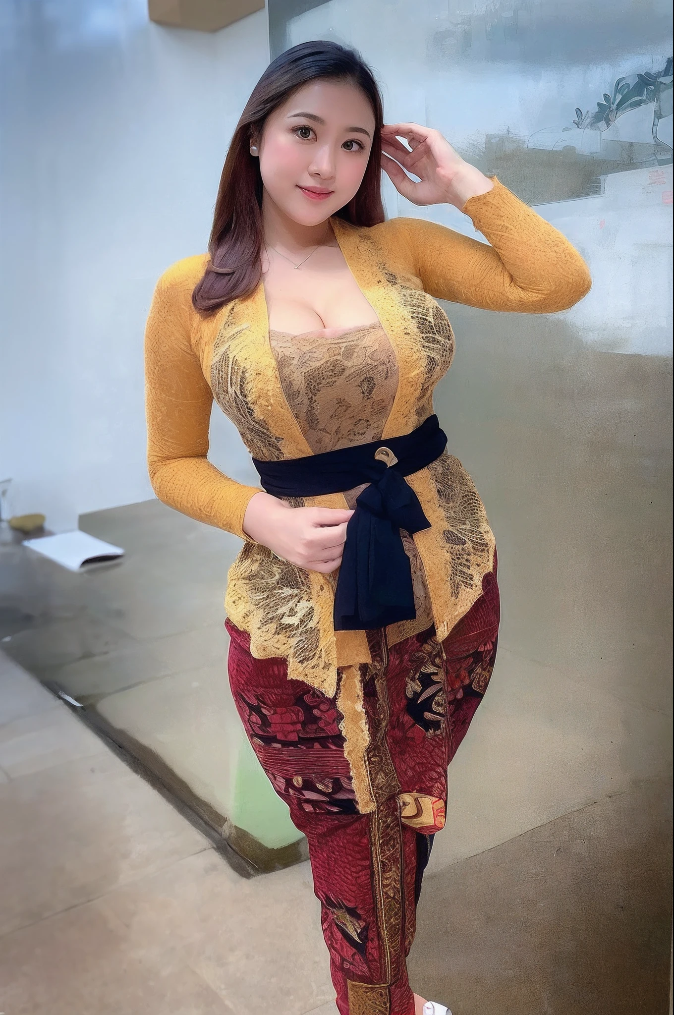 (best quality,highres), Vogue style photo shoot of malay 20 years old lady wears ((traditional bali kebaya)), ((transparent cloth)), brown skin, ((dimple chin)), big natural breast, saggy breast, very skinny body, sensual pose, ribs, hyper - realistic photography, full body, 8k, extreme close - up shot, half body shot, sexy pose, ((gigantic breast)), small belly, no panties, no pants, no skirt, taken photo from side angle