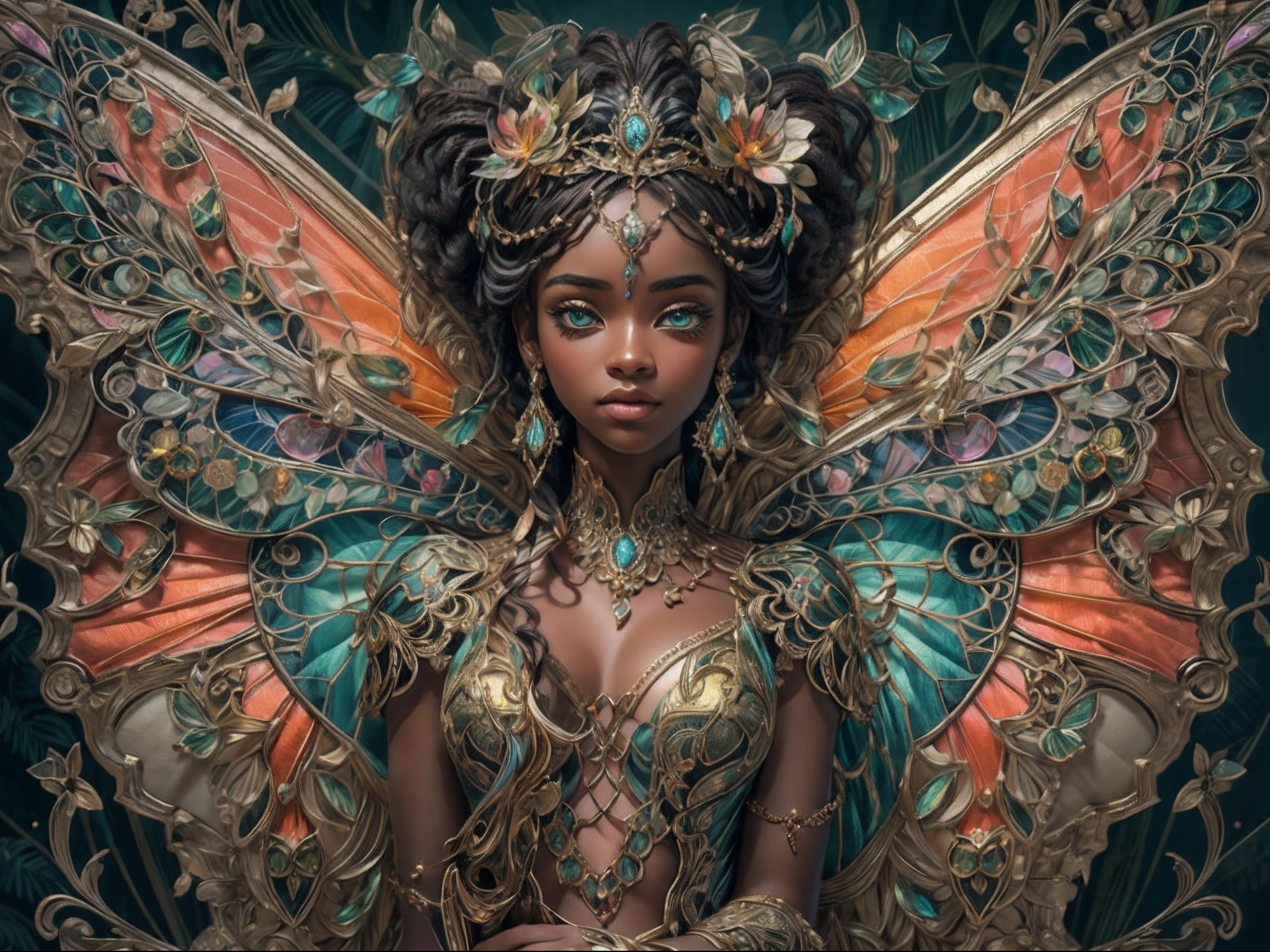 This is an elegant and ornate fantasy masterpiece with a lot of shimmer, glitter, and intricate ornate detail. Generate a petite Jamaican woman resting on a gilded and flowered garden swing at night. ((((Her eyes important and are ultra-detailed with intricate realistic shading and bold, bright hues.)))) She is a beautiful and seductive butterfly queen with stunning curly black hair, (((incredibly realistic and detailed dynamic eyes in bright colors with realistic shading))). She wears a delicate and elegant crown and a gown spun from luxurious gossamer silk and satin with subtle, intricate, and hand-embroidered bodice detailing as well as subtle floral detailing and gold silk butterfly sleeves. Her face is lovely and lonely. Include glow-in-the-dark flowers, lots of particles, highly realistic fantasy butterflies with translucent jewel-toned wings and fine detailing, and glow. The artwork is done in the style of Guviz and brings to mind masters in the genre such as trending fantasy works on Artstation and Midjourney. Camera: Utilize dynamic composition techniques to emphasize etherealness and delicate detail. The colors in this artwork are saturated, romantic, and rich.