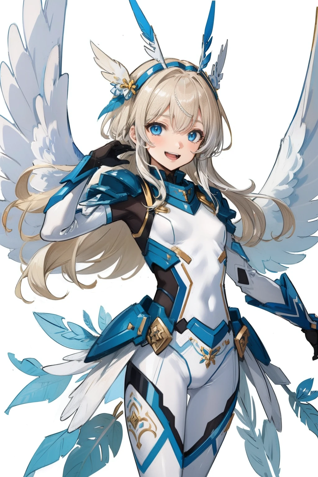 (​master piece, Best Quality),  Intricate details, valkyrie, kawaii, Happy, (((Laugh))), Villainous smile, Hand up, Looking at Viewer, Feather Headgear, Flower meadow, (((flat breast)))
1 girl in, Solo, Portrait, Plutinum Blonde Hair, drooping iceblue eyes, Silver Single Thigh, White Independent Single Sleeve, iceblue gloves, Single braid, 
 mecha musume, White bodysuit, Silver Reinforced Suit, Mini Feather Wings, iceblue pantyhose, full armor, flower decoration, equip sword,