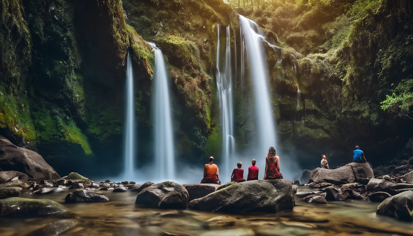 Monges budistas sentados com velas em frente a uma cachoeira, Meditando, natural scenery, music, ranhura, na floresta, exquisite scenery, ordination, HDR, 8k, Taxa de cobertura do Facebook