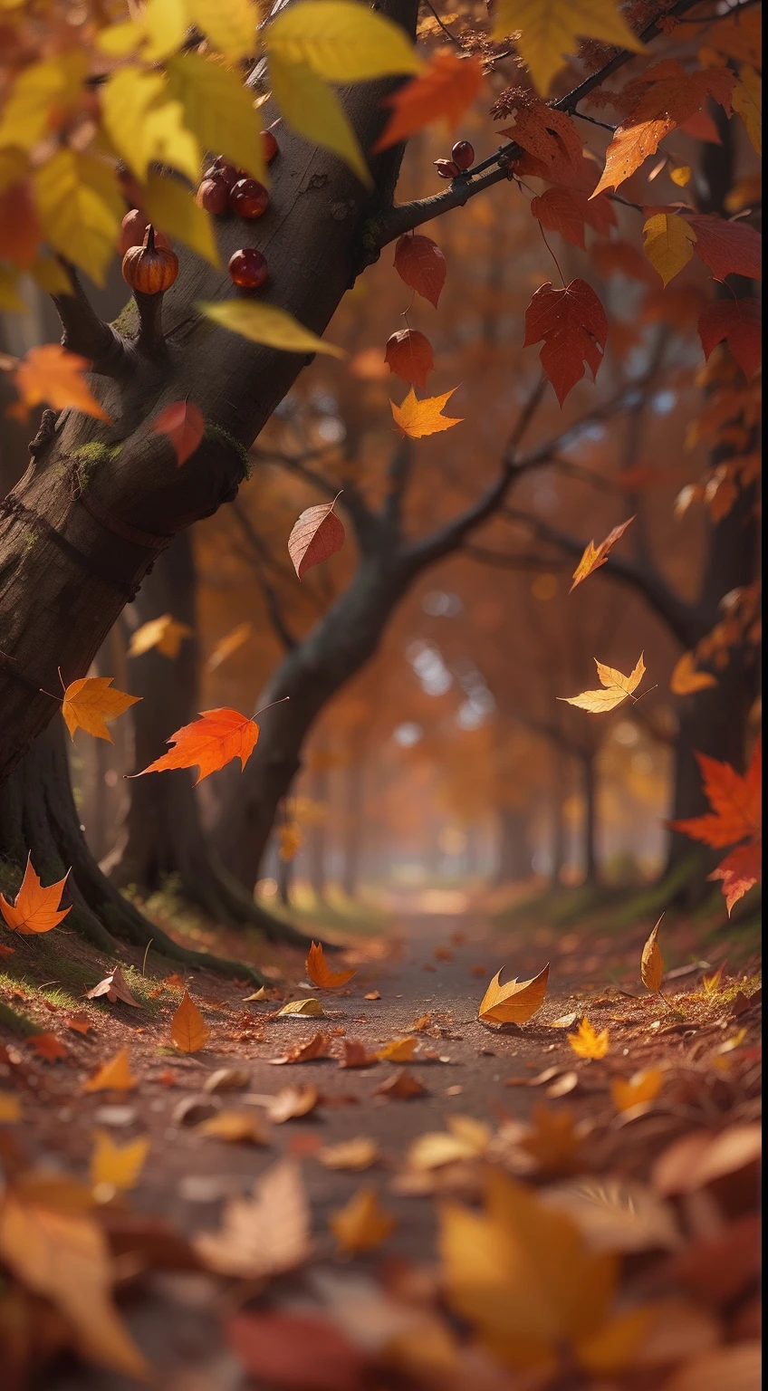 fantasy autumn with brown fallen leaves, cinematic, highly detailed, hd