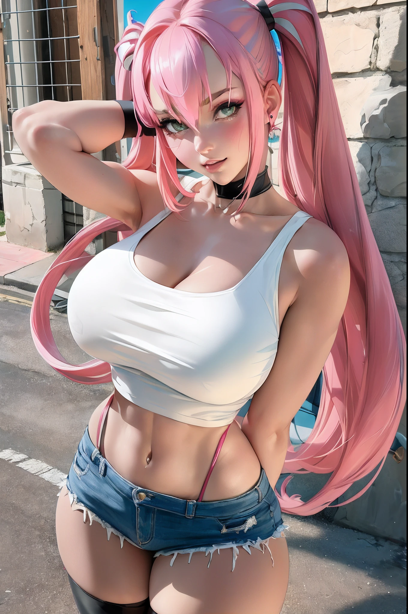 ((Best quality)), ((Masterpiece)), ((Realstic)) and ultra-detailed pchaudography, Tsuande, Pretty Girl Tsunade de Naruto, Jolie fille, cheveux jaune clair, parti, neon light. Elle a ((cheveux blanc)), porte un (Top Tech-Wear) et un (corde noire, motif rouge:1.2) , ((beautiful and aesthetic)), sexy, gros seins, chaud, grosse poitrine, kunaboto