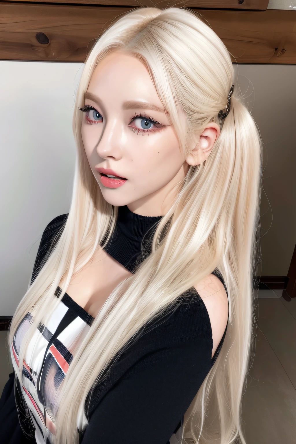 (8K, 4K, Highest quality, high resolucion, The ultra-Highres:1.1), (masterpiece, Photorealistic, Photorealistic: 1.1), 1girll, face, close-up, twintail, blonde hairs, black eyes, red lips, (looking looking at viewer:2), absurdly long hair, long eyeslashes, Eyeshadow, smaller face, large eyes,
Tight black clothes that show the cleavage,
High Contrast