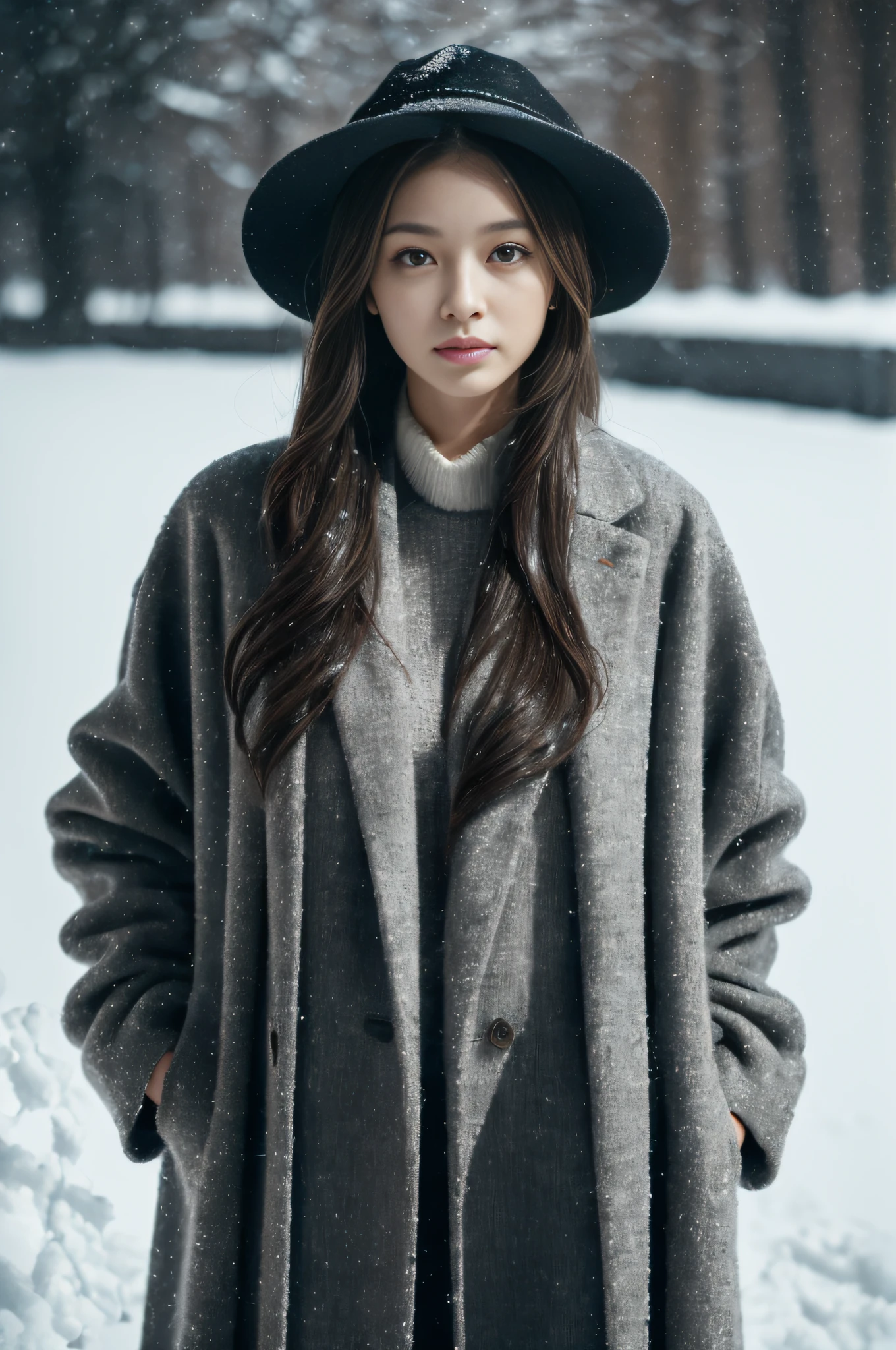 (Masterpiece:1.3), (8K, Photorealistic, Raw photography, Best Quality:1.4), (1girl), Beautiful face, Realistic face, (Detailed face), Beautiful hairstyle, (Detailed hair), Realistic eyes, (Detailed eyes), Beautiful details, Realistic skin, (Detailed skin), Beautiful skin, Attractive, Ultra high definition, A hyper-realistic, Very detailed, (medium breasts:0.5), Japanese beauty, (slim figure), (araffe woman in a coat and hat standing in the snow, light brown coat, long coat, roots and hay coat, official jil sander editorial, wearing a long coat, lisa, full-shot, full - shot, ( ( wearing a long coat ) ), designed for cozy aesthetics!, technological longcoat, cold, longcoat), cute young Japanese girl, pretty young Japanese girl, (dark gray gradation background)