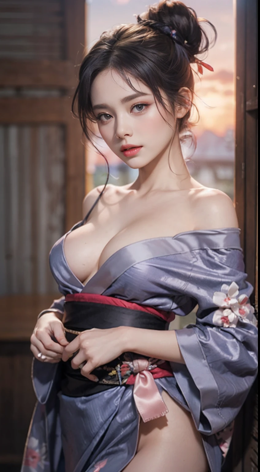 pond, Architecture of feudal Japan, Female, Woman, Sensual milf, Erotic, view the viewer, romantic, Loving, affectionate, face to the viewer, Colorful, Long hair, (Comb your hair into a perfect bun:1.3), (Asian:1.3), hair pin, shairband, bow ribbon, Twilight Blue, gleaming silver, Galaxy Purple, Black velvet, Sakura Park, The cherry tree, Pink petals, Outdoors, Standing, (Covering the chest:1.4), (hand on the breasts:1.3), (Sunset, Dusk:1.25), (Silk kimono robe:1.5), (sash:1.3), (Bare shoulders:1.4), (No shoulder strap:1.3), (Delicate embroidery:1.1), Elegant, drape, (revealing:0.8), (Art by Noah Bradley:1.4), (hands on own breasts:1.3), (Adult:1.4), Petite, Slim waist, Small breasts, FC Heat Portrait, (medium shot:1.3), disturbance, risk, thin and light, scantily clad, cleavage, (grabbing her own breasts:1.3), (masutepiece:1.2), Subsurface scattering, heavy shadow, (High quality:1.4), Golden ratio, (Convoluted, high detailing:1.2)