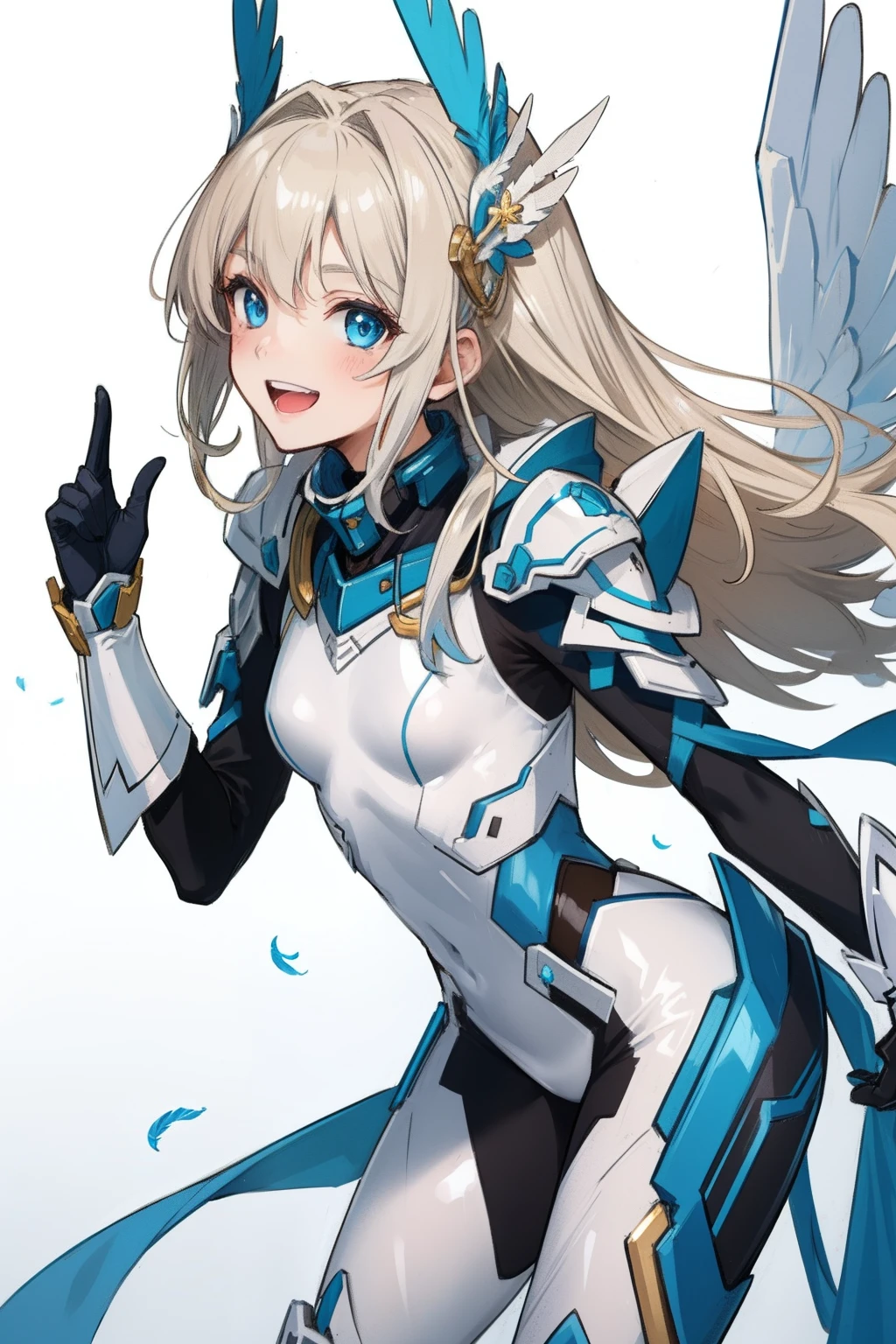 (master piece, Best Quality), Intricate details, valkyrie, kawaii, Happy, (((Laugh))), Villainous smile, Hand up, Looking at Viewer, Feather Headgear, Flower meadow, (((flat breast)))
1 girl in, Solo, Portrait, Plutinum Blonde Hair, drooping iceblue eyes, Silver Single Thigh, White Independent Single Sleeve, iceblue gloves, Single braid,
mecha musume, White bodysuit, Silver Reinforced Suit, Mini Feather Wings, iceblue pantyhose, full armor, flower decoration, equip sword,