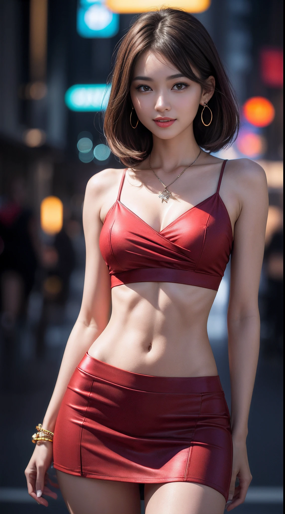 8k, masterpiece, RAW photo, best quality, photorealistic, extremely detailed CG unity 8k wallpaper, Depth of field, Cinematic Light, Lens Flare, Ray tracing, (extremely beautiful face, beautiful lips, beautiful eyes), intricate detail face, ((ultra detailed skin)) 1girl, in the dark, deep shadow, pretty korean girl, kpop idol,(very slim slender fit-muscled body), ((looking at viewer)),(big smile), (fashion city night, (neon sign), (blurry background), midnight, (vacant city), (without people in the background), pretty korean girl, earrings, bracelets, necklace, clear eyes, walking , front shot, (pale skin), face forward, (big eyes), ((upper body shot)), (small size, baseball cap), ((red color leggings)), (camel toe, shape), (see through T-shirt), (ponytail) (looking at viewer), medium breasts,((smile)), ((camel toe)), turning back, ((back shot)), see through, ((laced)), medium butts