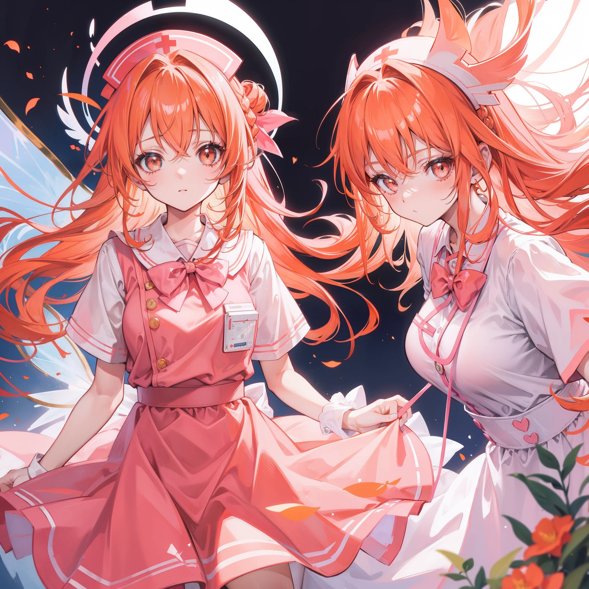 Long light orange hair,Pink bow,Fairy braids,Nurse's uniform