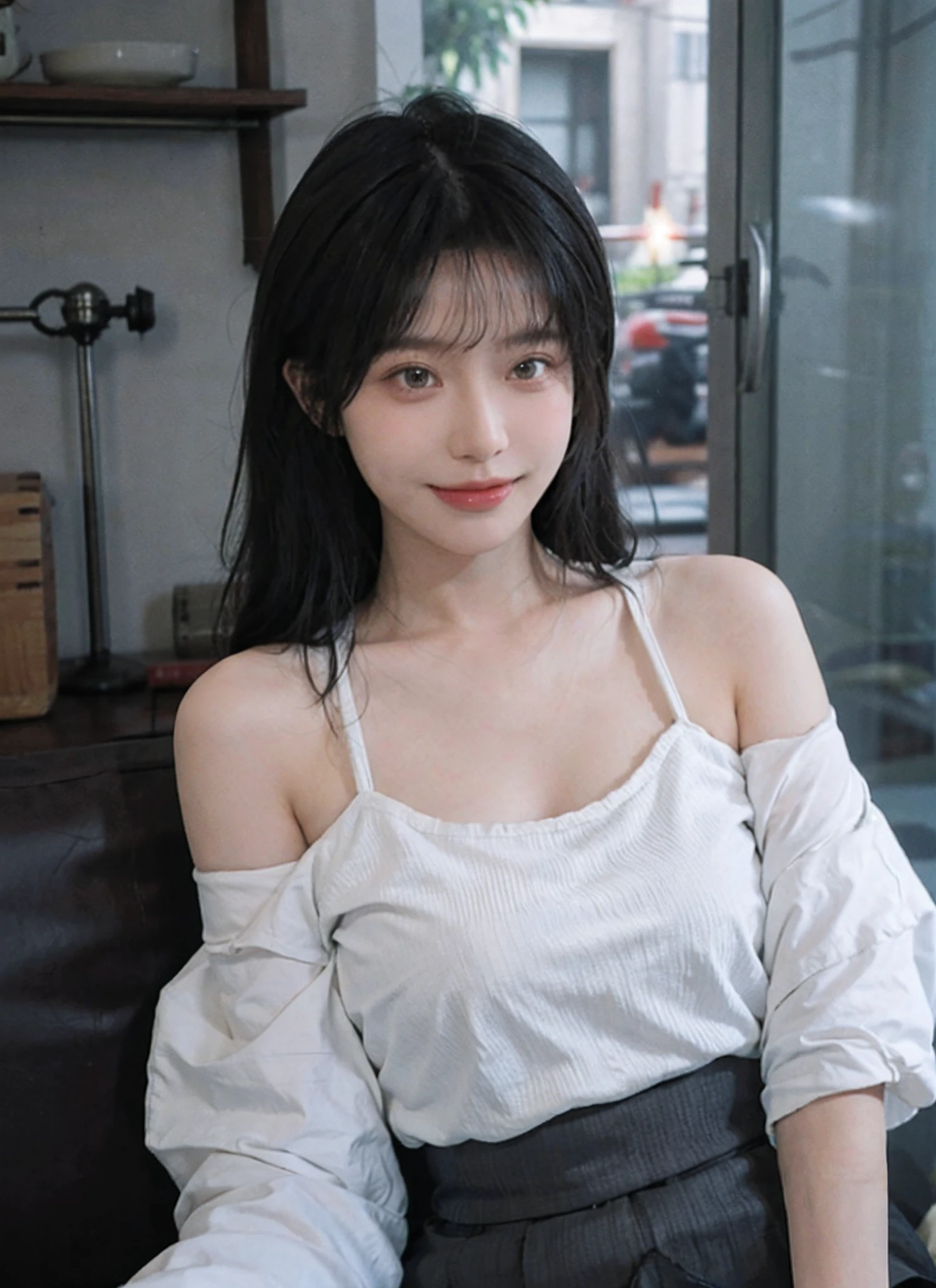 best qualtiy, 超高分辨率, (realisticlying:1.4), one-girl,ssmile, A pair of clear and moving peach blossom eyes,Royal Sister,Off-shoulder white shirt, Black tight skirt, (Faded gray-gray hair:1), (big cleavage breasts:1.2), looking at viewert, closeup cleavage ,