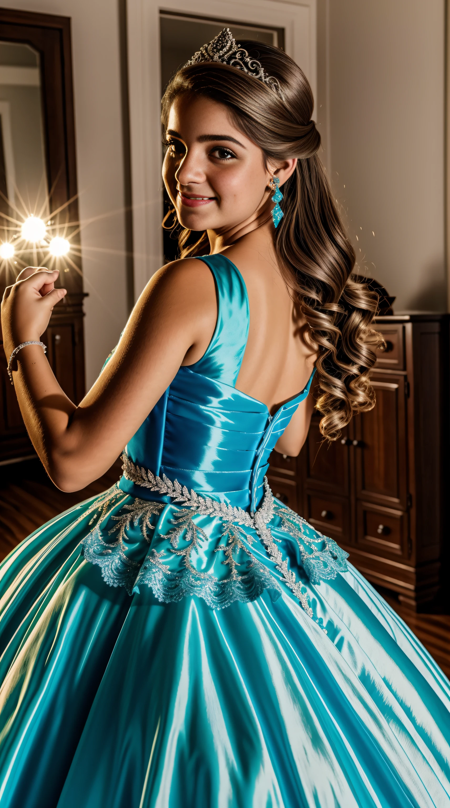 retrato real de uma garota de 15 anos, usando vestido de debutante azul, vestido lindo, Dancing Waltz, festa linda