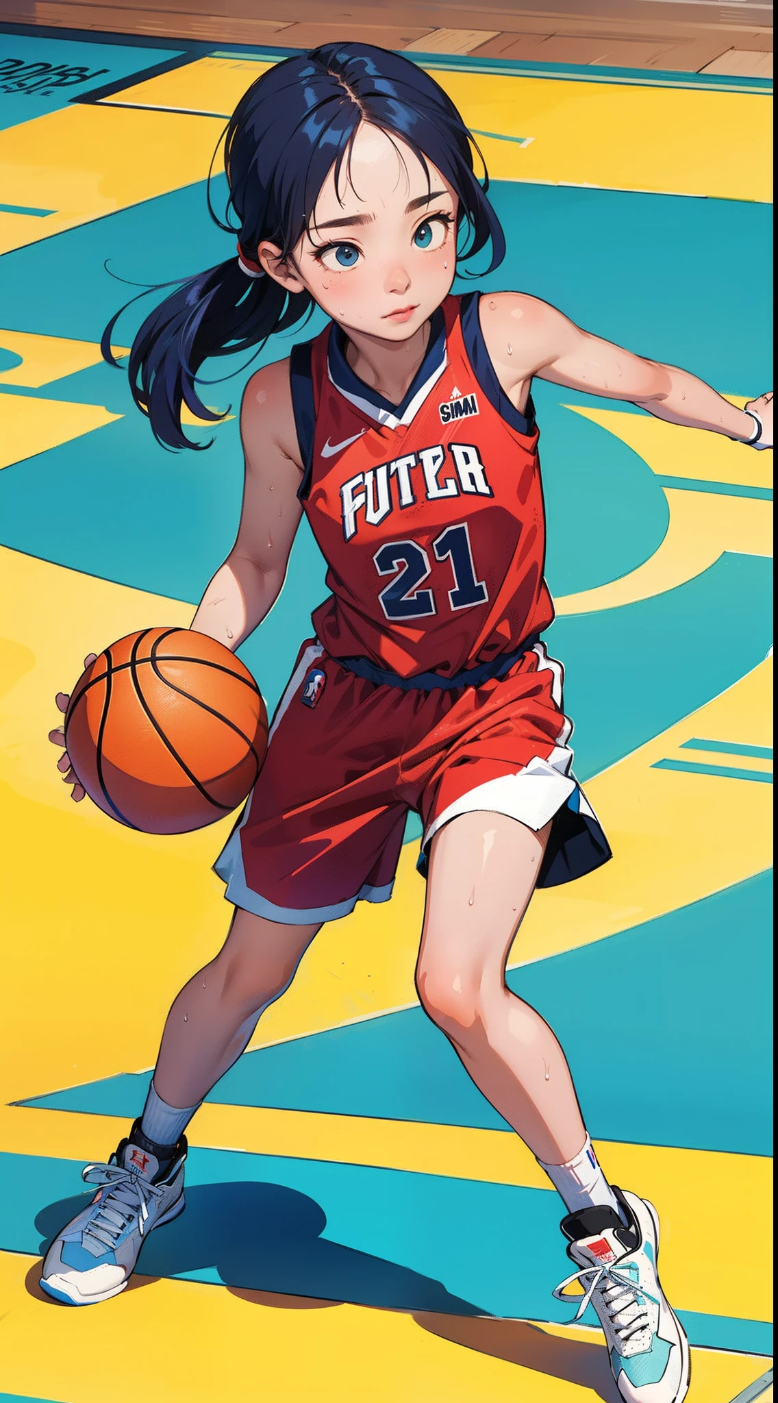 masterpiece,ultra-detailed,ultra quality, illustration, ,simple eyes, beauty face, cute face, colorful hair, 1girl,basketball player,basketball uniform,(basketball court),sweaty skin,(full body)