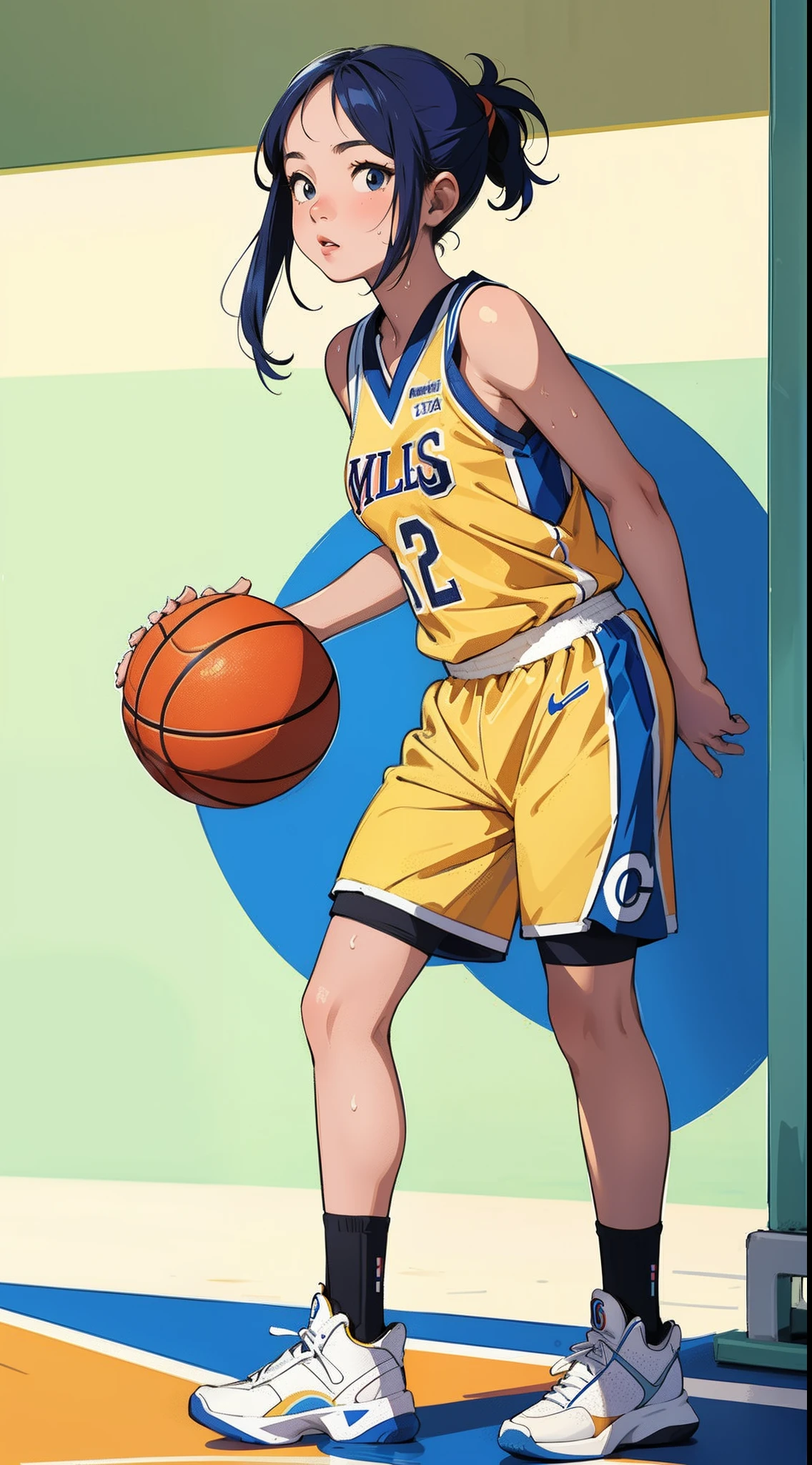 masterpiece,ultra-detailed,ultra quality, illustration, ,simple eyes, beauty face, cute face, colorful hair, 1girl,basketball player,basketball uniform,(basketball court),sweaty skin,(full body)