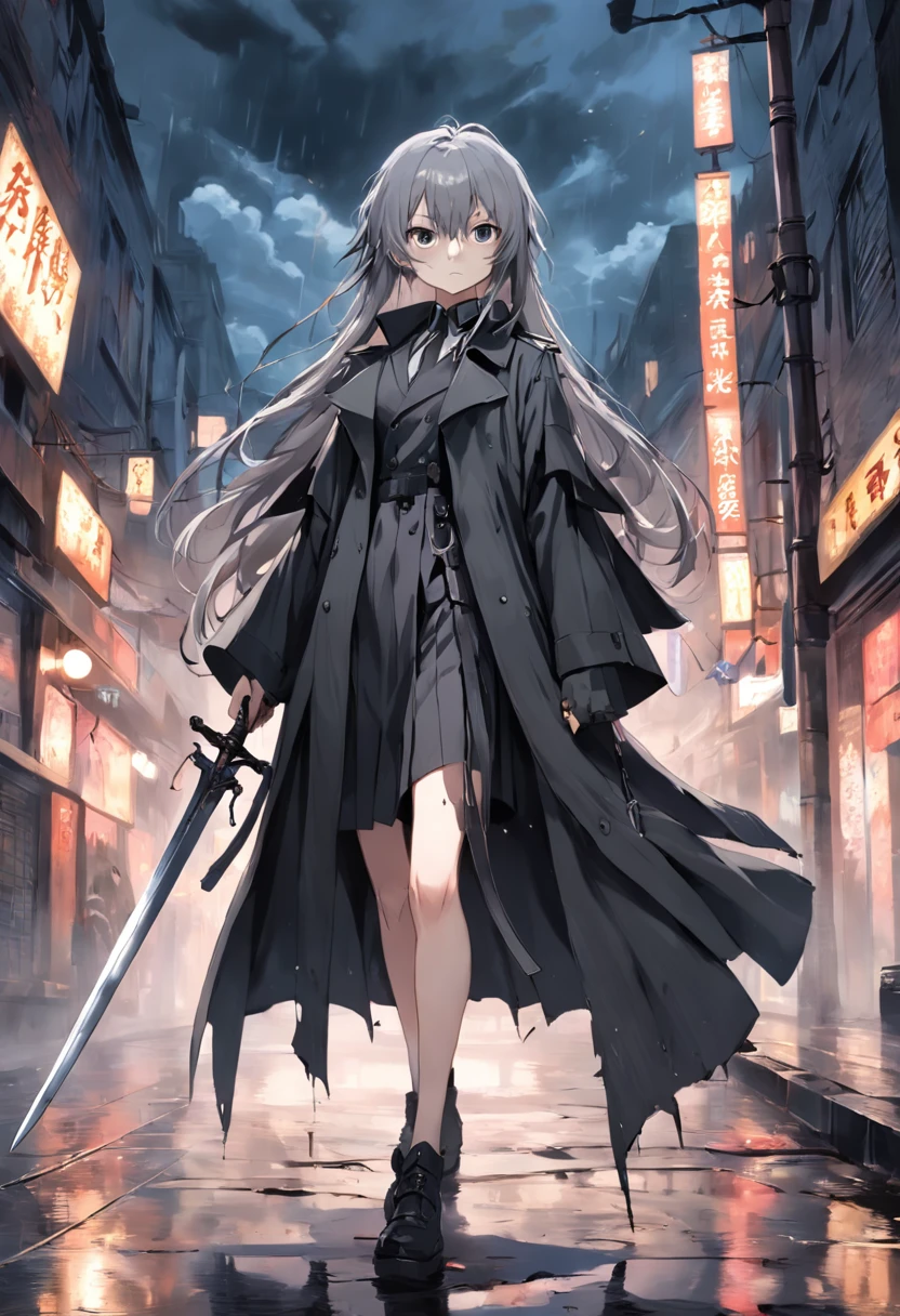 a young with a large sword, strong, height 1.60, age 17 years, victorian trench coat, torn black cloak, medium gray hair with white streaks, dark clothes