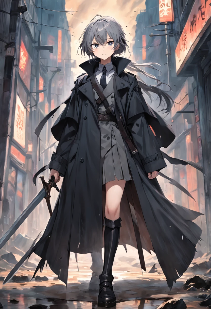 a young with a large sword, strong, height 1.60, age 17 years, victorian trench coat, torn black cloak, medium gray hair with white streaks, dark clothes