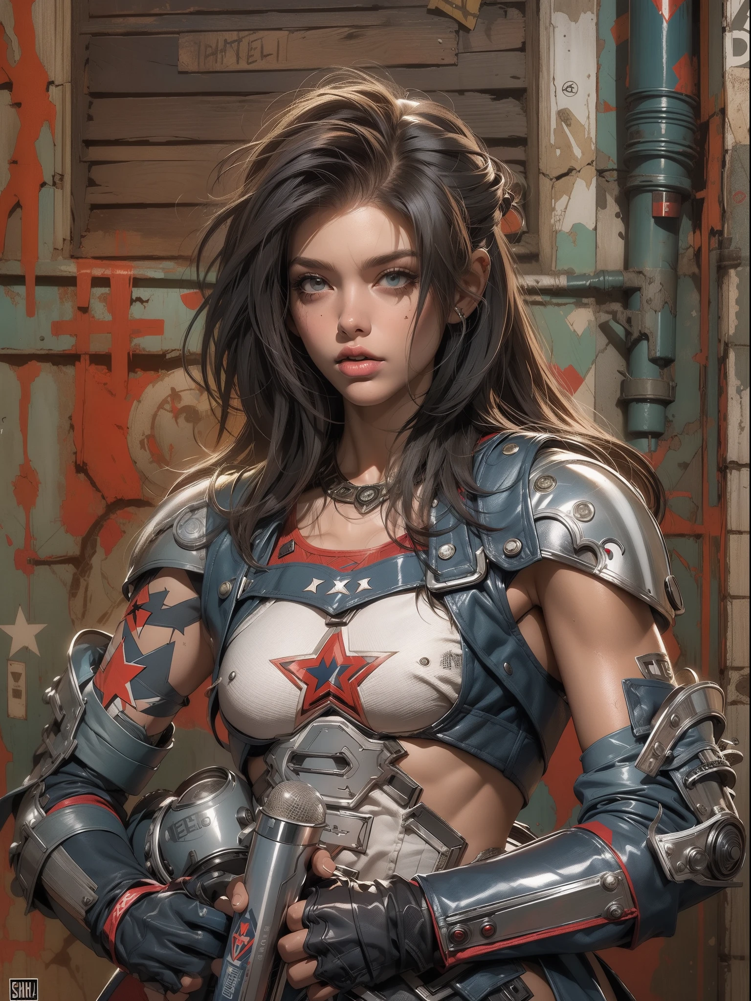(((mulher))), (((melhor qualidade))), (((obra prima))), (((adulto))), (((1girl))), ((( corte de cabelo bob ))), Uma gladiadora cyberpunk mulher de 25 anos com corpo perfeito, shoulder pads with metal spines, Gladiadores do Brooklyn, (( corte de cabelo bob )), tiny leather panties, camiseta de time de rugby rasgada, quase nua no estilo selvagem urbano de Simon Bisley para a capa da revista Heavy Metal, Cabelo loiro curto, Minimum clothing, Metal protection on the left arm with intricate graphics, Dark red with white stars and white and navy blue checkerboard pattern, armadura, cheio de pontas e rebites, (((do joelho pra cima))), cabelos loiro branco curto, no fundo uma parede pintada por Shepard Fairey com um design intrincado