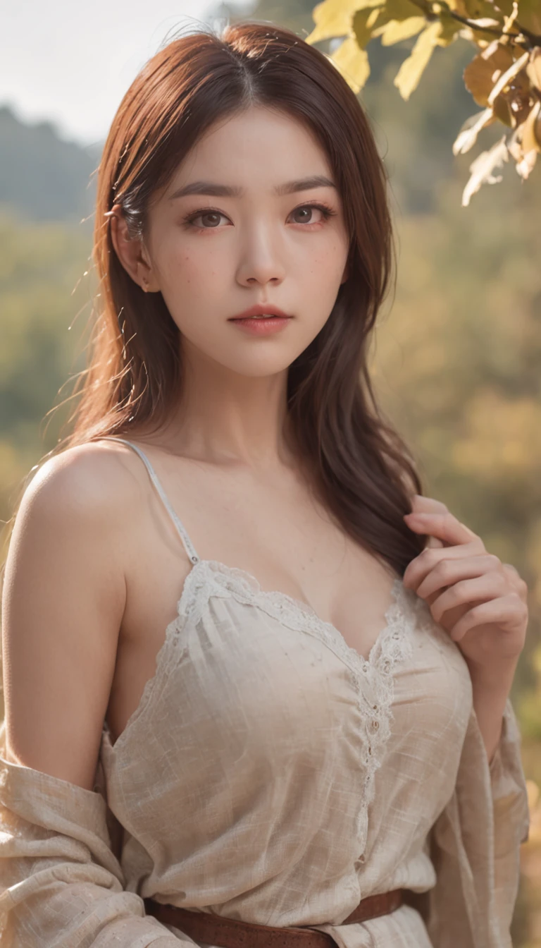 drooing eyes、Long hairstyle、Little Fat Woman、30-years old、Kamimei、Angle from above、A dark-haired、A little angry face、Autumn landscape、Hair illuminated by the sun、hitornfreckles、tiny chest、Round Ass、Camisole、undergarment、full bodyesbian