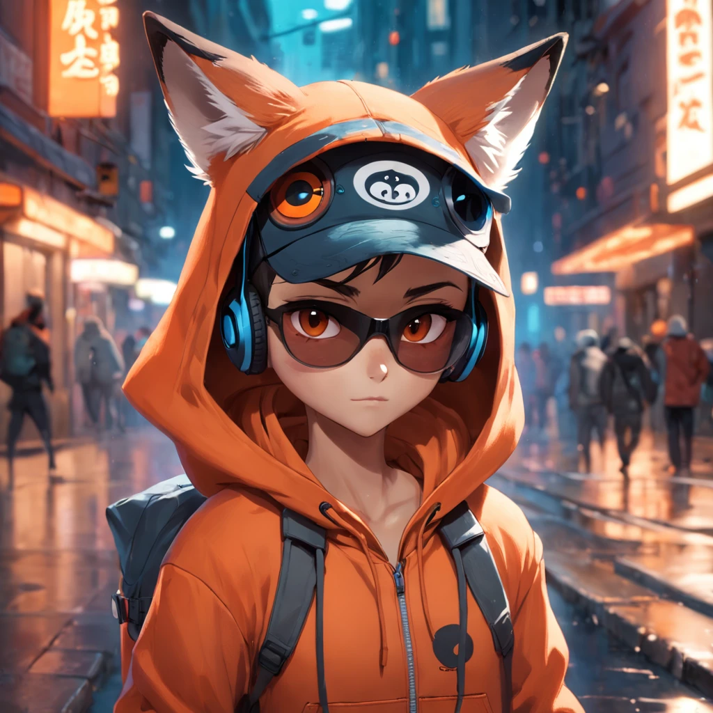 Adorable fox in Pixar movie style, wearing a hood and headset cinematic lighting, Depth detection, hiper detalhada, qualidade 8k. One hand crossed the hundred，parte superior do corpo macho, melhor qualidade, human-like body figure), looking at the viewer in orange hoodie and sunglasses holding the cell phone, raposa, imagem do avatar, com roupa futurista, CGSetnação ),gostar, arte profissional, CGsociety - W 1 0 2 4 - N 8 - I,The name is Kan, his name is Kan