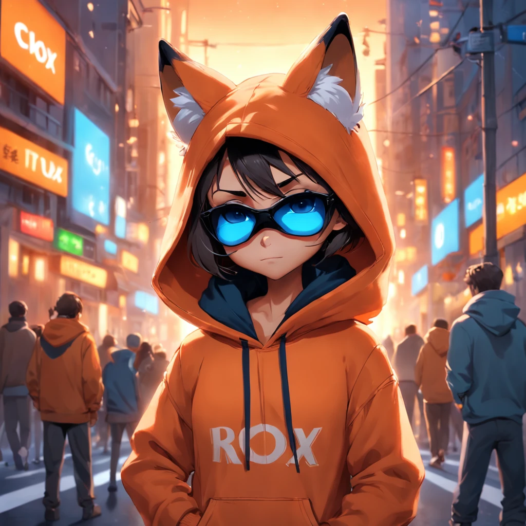 Adorable fox in Pixar movie style, wearing a hood and headset cinematic lighting, Depth detection, hiper detalhada, qualidade 8k. One hand crossed the hundred,parte superior do corpo macho, melhor qualidade, human-like body figure), looking at the viewer in orange hoodie and sunglasses holding the cell phone, raposa, imagem do avatar, com roupa futurista, CGSetnação ),gostar, arte profissional, CGsociety - W 1 0 2 4 - N 8 - I,The name is Kan, his name is Kan