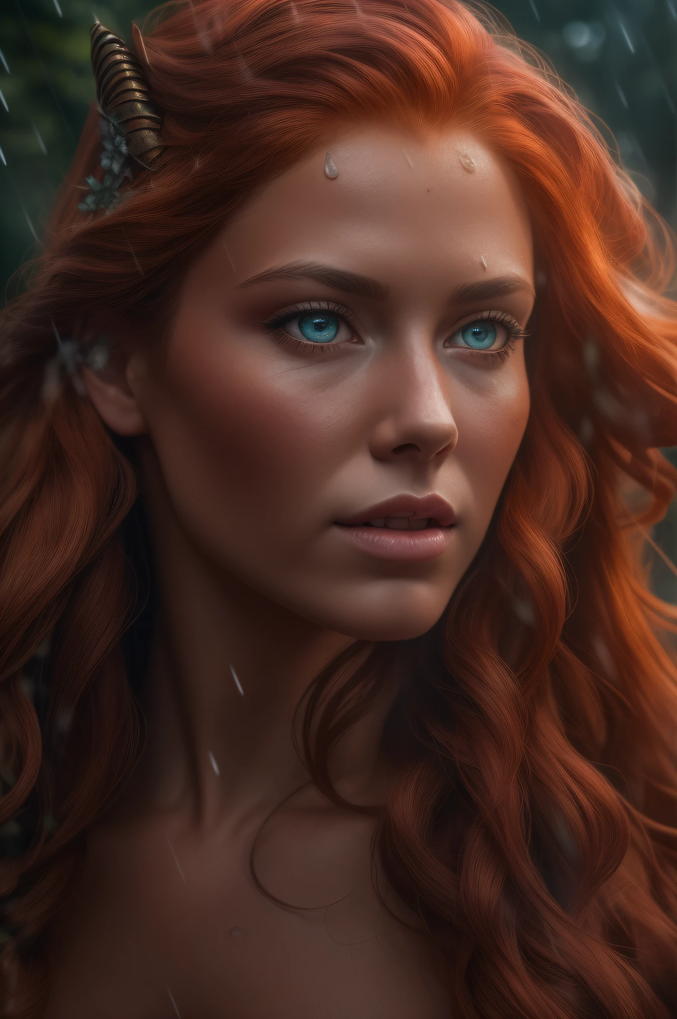 A naked fury Amazon, professional photography, natural lighting, volumetric lighting maximalist photo illustration 8k resolution concept art intricately detailed, complex, elegant, expansive, fantastical, realistic beauty, long red hair, unique eyes, natural beauty, forest, feminine, rain, river bank, sultry beauty, professional portrait, abstract beauty