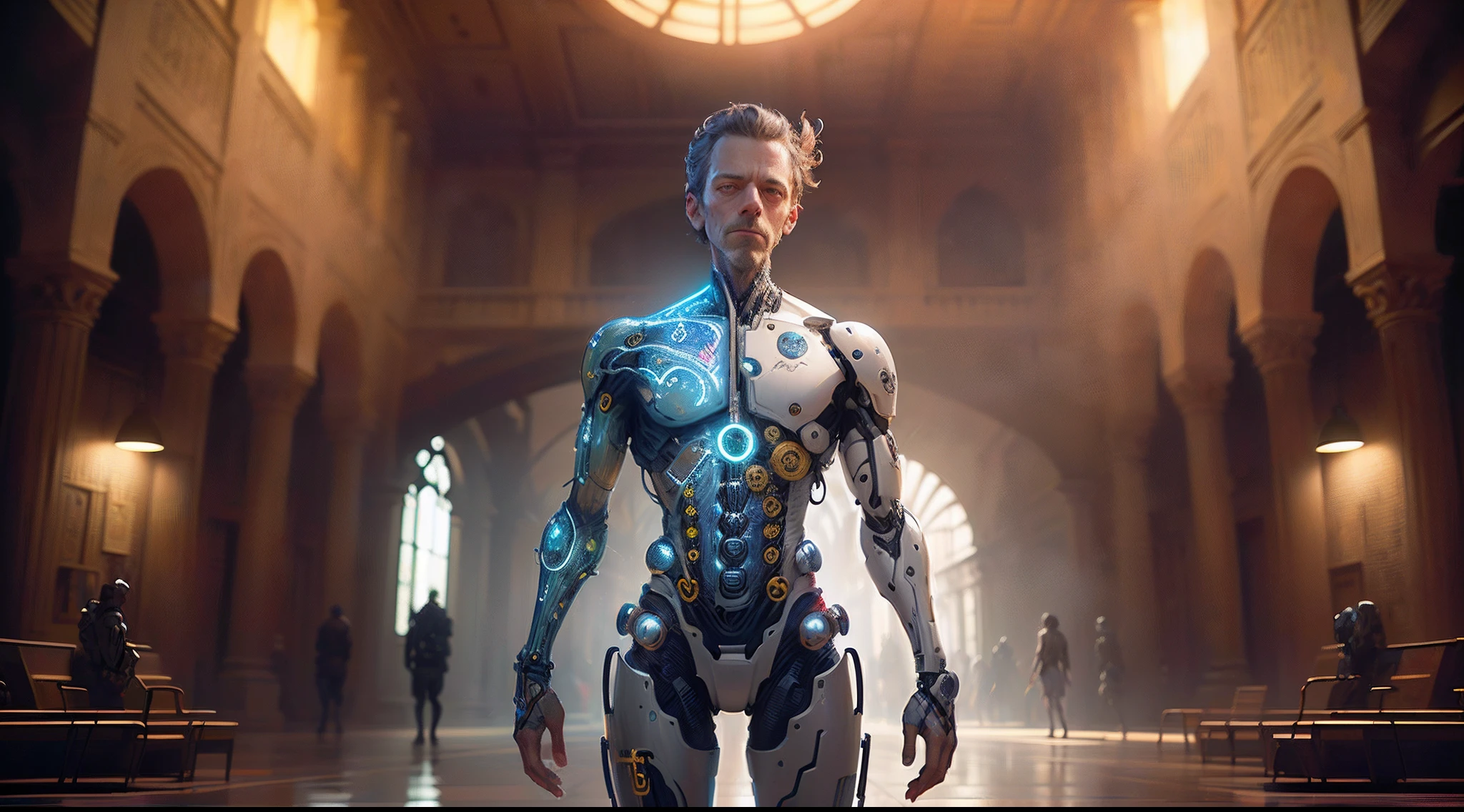 (((um homem))), master part, extremamente detalhado, melhor qualidade, With biomechanical suits, (metal skin with electronic circuits: 1.2), extremamente detalhado, intricate with lights and luminous electronic circuits, (como Dr. Gregory House:1.4). (8k, qualidade superior, melhor qualidade, obra-prima, altamente detalhado: 1.2), (de meio corpo:1.3)
