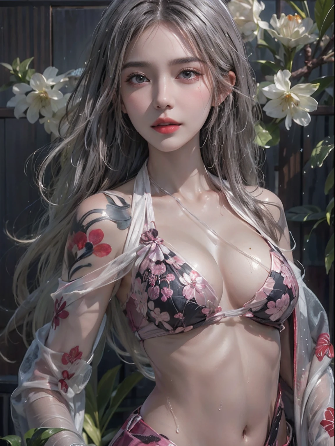 Photorealistic, High resolution, Soft light,1womanl, Solo, hips up high, glistning skin, (Detailed face),The tattoo, Jewelry, Dark see-through hanf, cherry blossom, Night, White wavy hair, Beautiful Soldier, An eye that invites the viewer, Lover's perspective, inviting expression, Sexy smile, Perfect Style, Perfect balance, Detailed skin, Naughty gaze, Chest visible、see -through、Sheer feeling、Wet skin、Wet hair、Spread hair、Spread Stall、Wet clothes、sodden、See-through Halter neck、See-through gowns、Navel Ejection、the back is open、See-through halter neck dress、See-through kimono、Dynamic Posing、Fingertips are lips、