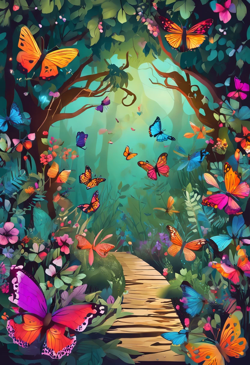 The scenery is filled with a path made of vibrant and diverse flowers. It is a magical forest with beautiful and delicate butterflies, in various sizes that are flying around it . As cores escolhidas para a capa emanam vivacidade, luminosidade, connection with nature and in the background begins to emerge soon dusk, There is a mystical and at the same time enchanting air. In this grove is a beautiful woman with long hair, rosto delicado, harmonioso e muito belo. The woman is in the center of the image and next to her many butterflies representing the transformation. in the woods there is a Jaguar; Aquarela; Pintura expressionista; bicho; floresta; qualidade