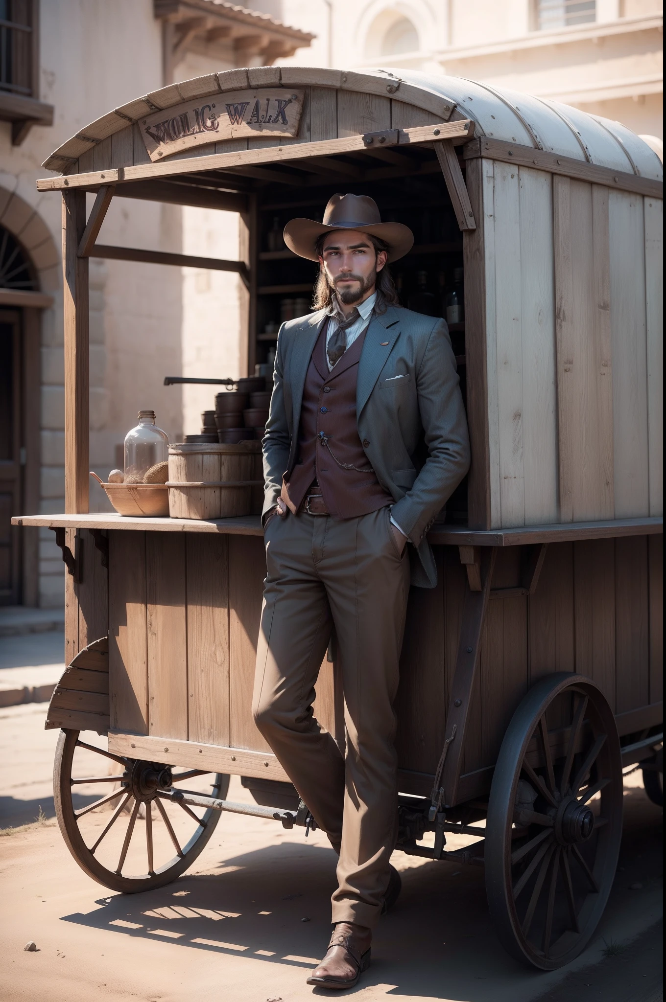 Young Western man in front of an elixir sales wagon, faroeste