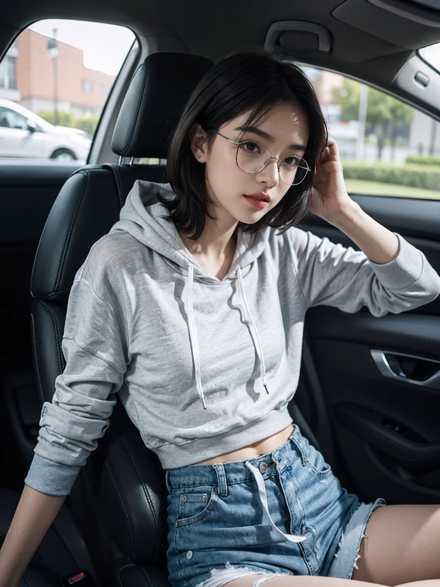 ((smallunderboob,Tomboyish,small heads)), (Well-defined abs: 1.1), (perfect bodies: 1.1), (short-length straighthair: 1.2), Black hair,attractive collarbone，（极其细致的CG 8k壁纸），（Extremely refined and beautiful），（tmasterpiece），（best qualtiy：1.0），（超A high resolution：1.0），upper body photos，[A high resolution]，A beautyful girl，cheerfulness，ssmile，Smooth and flawless fair skin，ultra - detailed ，Elongated legs，flatchest，Slim，emaciated，In a private car，Keep your hands on the steering wheel，Driving a car，Wearing glasses，Tulle transparent light gray hooded sweatshirt，Black denim shorts，White sneakers