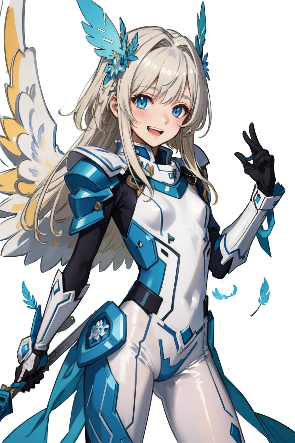 (master piece, Best Quality), Intricate details, valkyrie, kawaii, Happy, (((Laugh))), Villainous smile, Hand up, Looking at Viewer, Feather Headgear, Flower meadow, (((flat breast)))
1 girl in, Solo, Portrait, Plutinum Blonde Hair, drooping iceblue eyes, Silver Single Thigh, White Independent Single Sleeve, iceblue gloves, Single braid,
mecha musume, White bodysuit, Silver Reinforced Suit, Mini Feather Wings, iceblue pantyhose, full armor, flower decoration, equip sword,