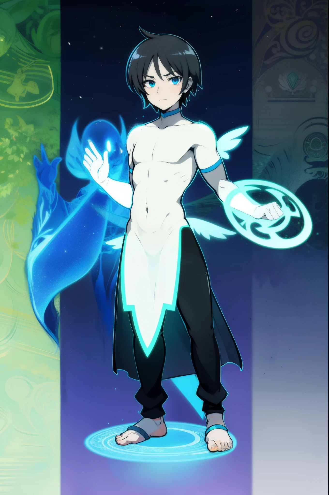 Aur-Urah, the Light Fairy, black hair, aura, male, light body, full body, pants, armor, pullover, gloves, full clothed, solo focus, long dress, long nose,