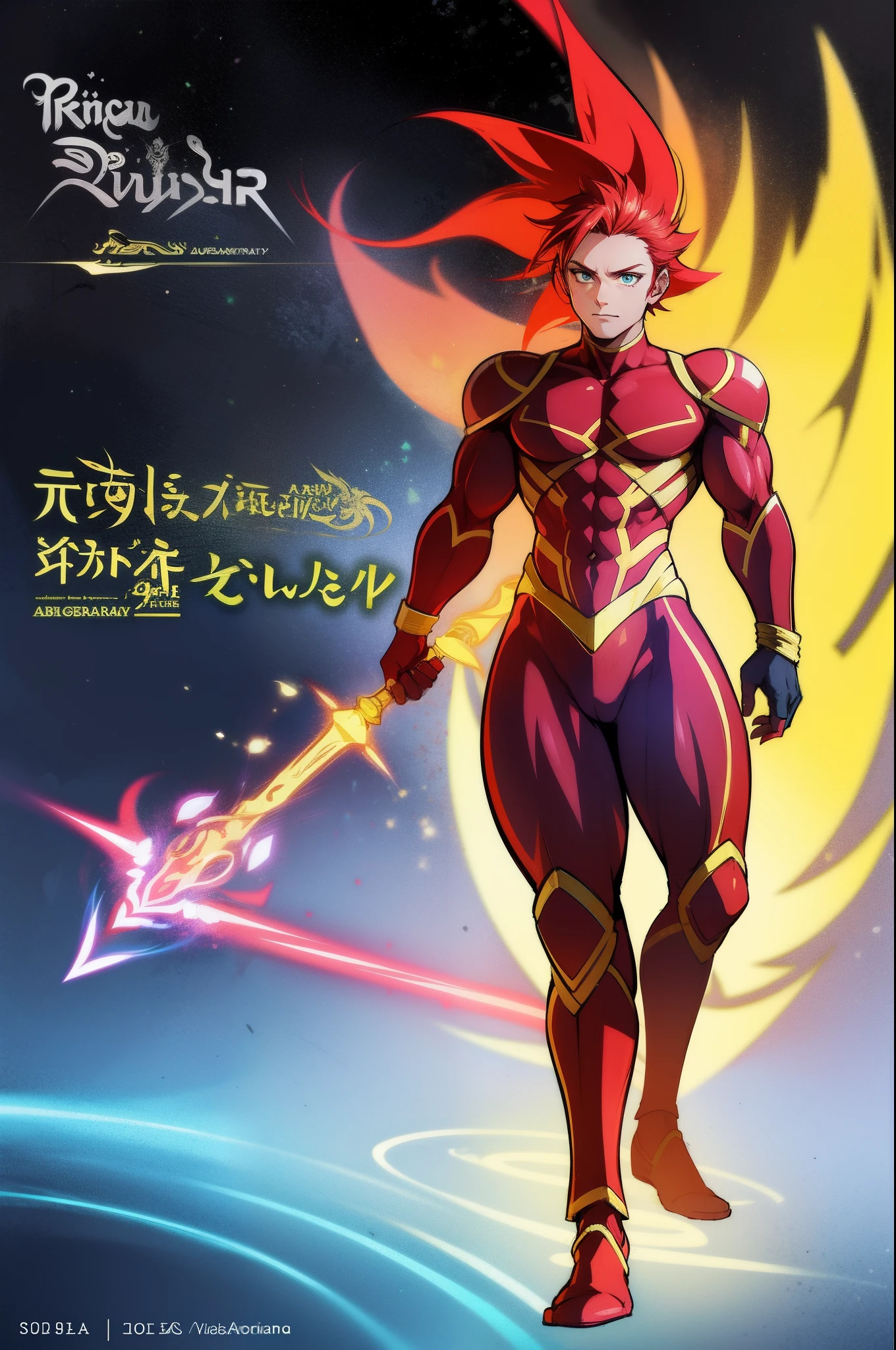 Aur-Urah, the Light Fairy, red hair, aura, muscular male, light body, full body, pants, armor, pullover, gloves, full clothed, solo focus